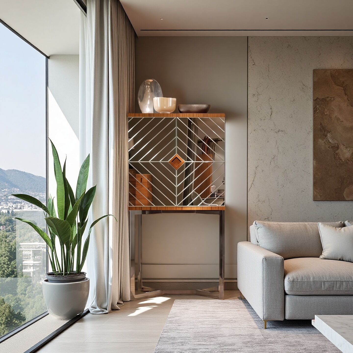 Luxury Modern Minimalism Solid Wood Glass Decorative Wine Cabinet