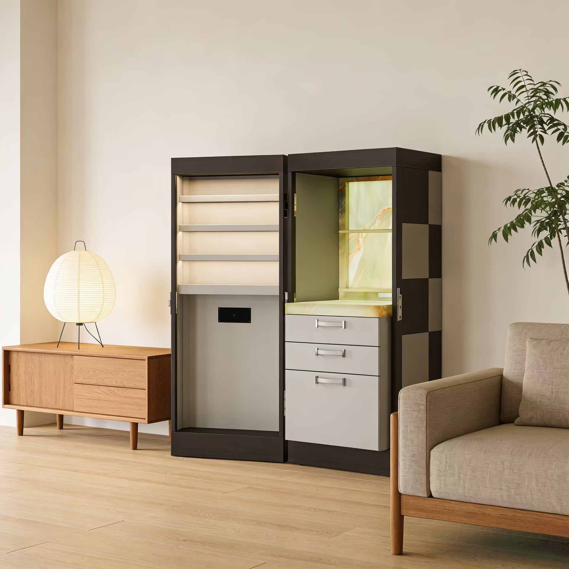 Luxurious Villa Living Room Art Leather Solid Wood Wine Cabinet