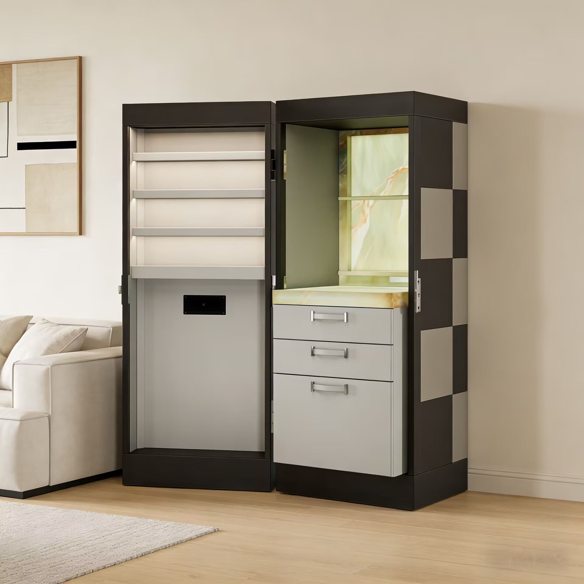 Luxurious Villa Living Room Art Leather Solid Wood Wine Cabinet