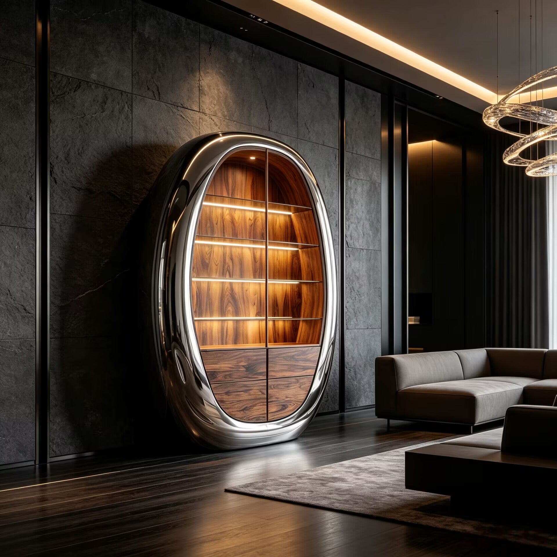 Luxurious Artistic High-End Stainless Steel Egg-Shaped Wine Cabinet