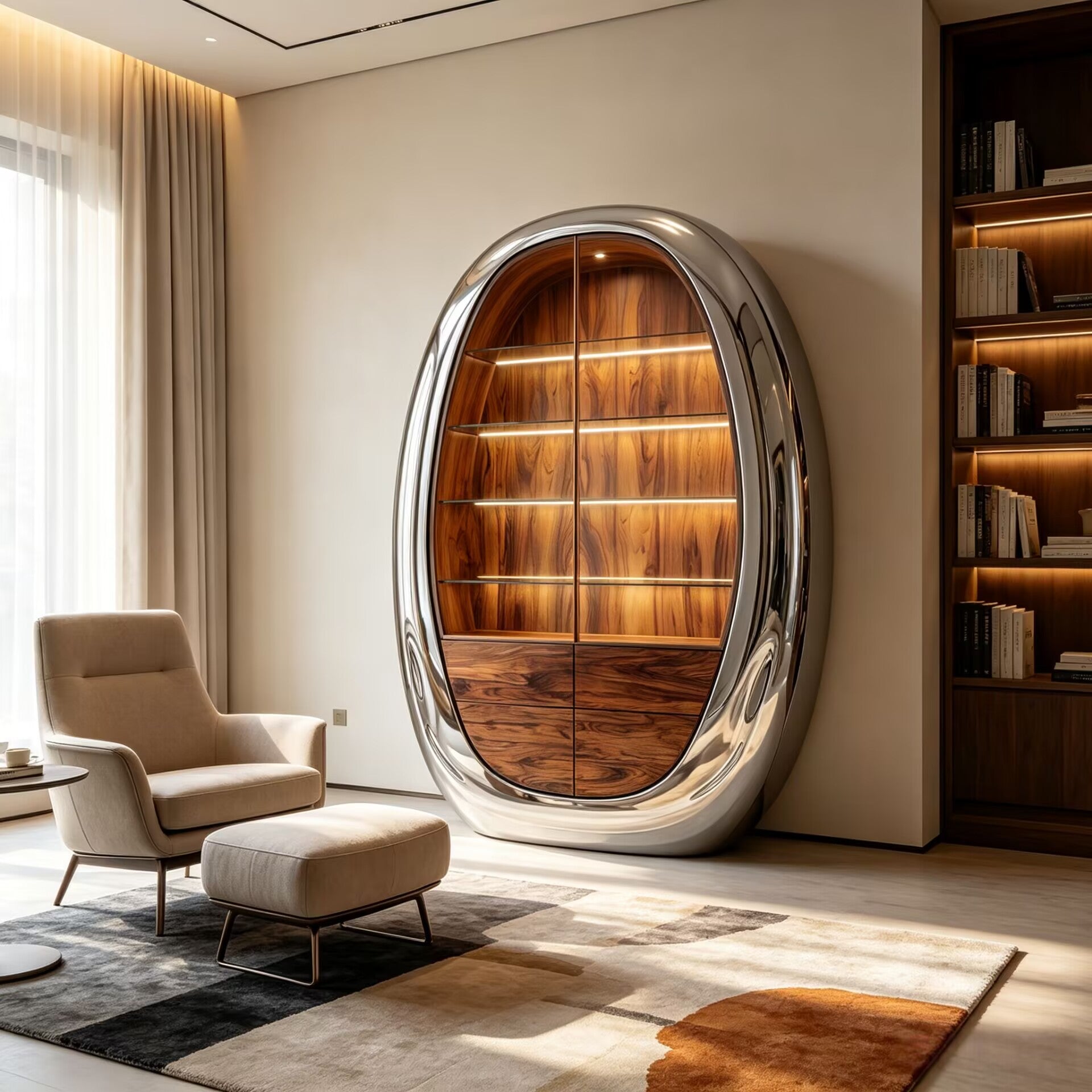 Luxurious Artistic High-End Stainless Steel Egg-Shaped Wine Cabinet
