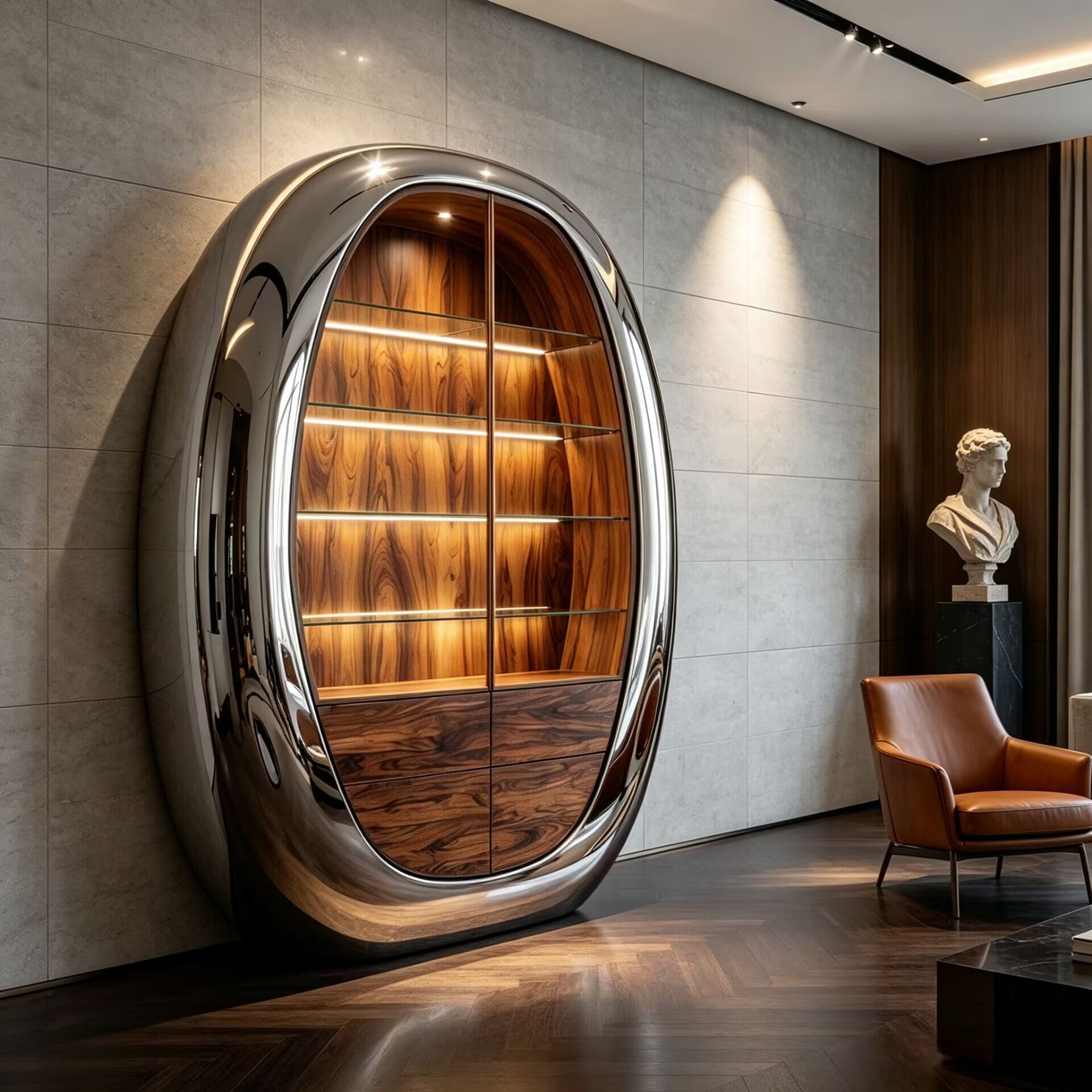 Luxurious Artistic High-End Stainless Steel Egg-Shaped Wine Cabinet