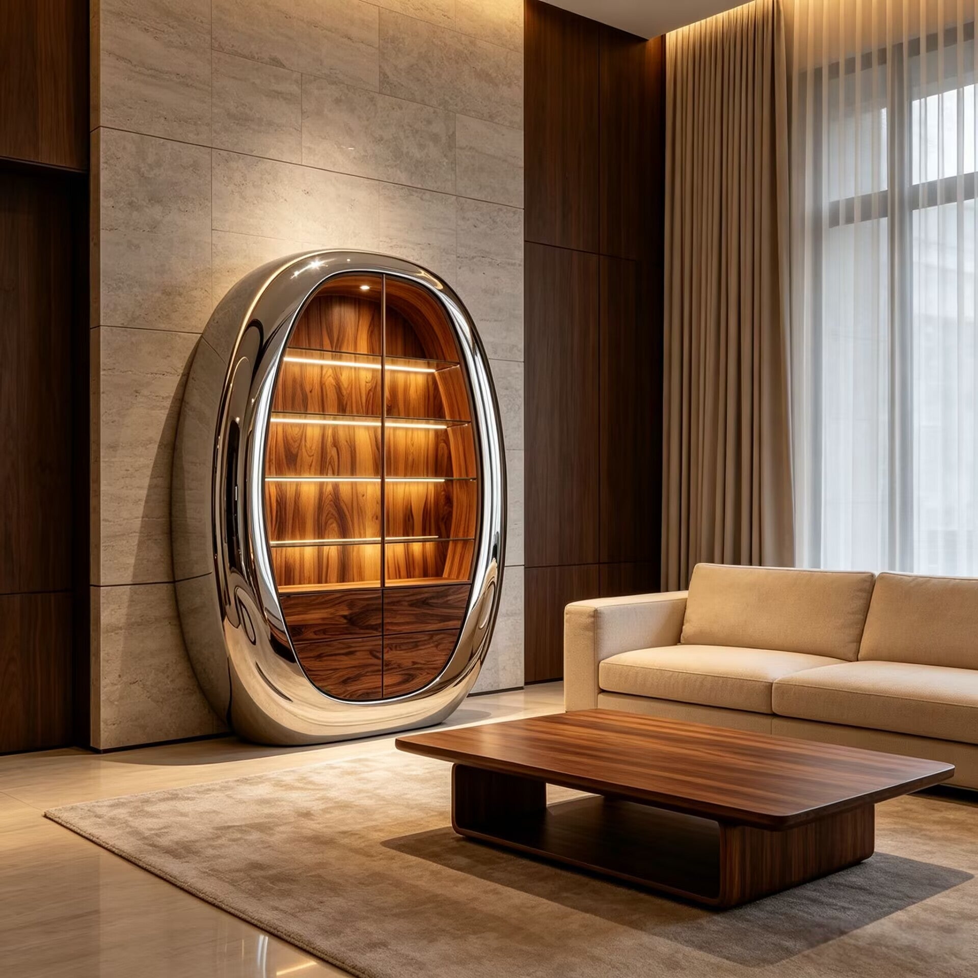 Luxurious Artistic High-End Stainless Steel Egg-Shaped Wine Cabinet