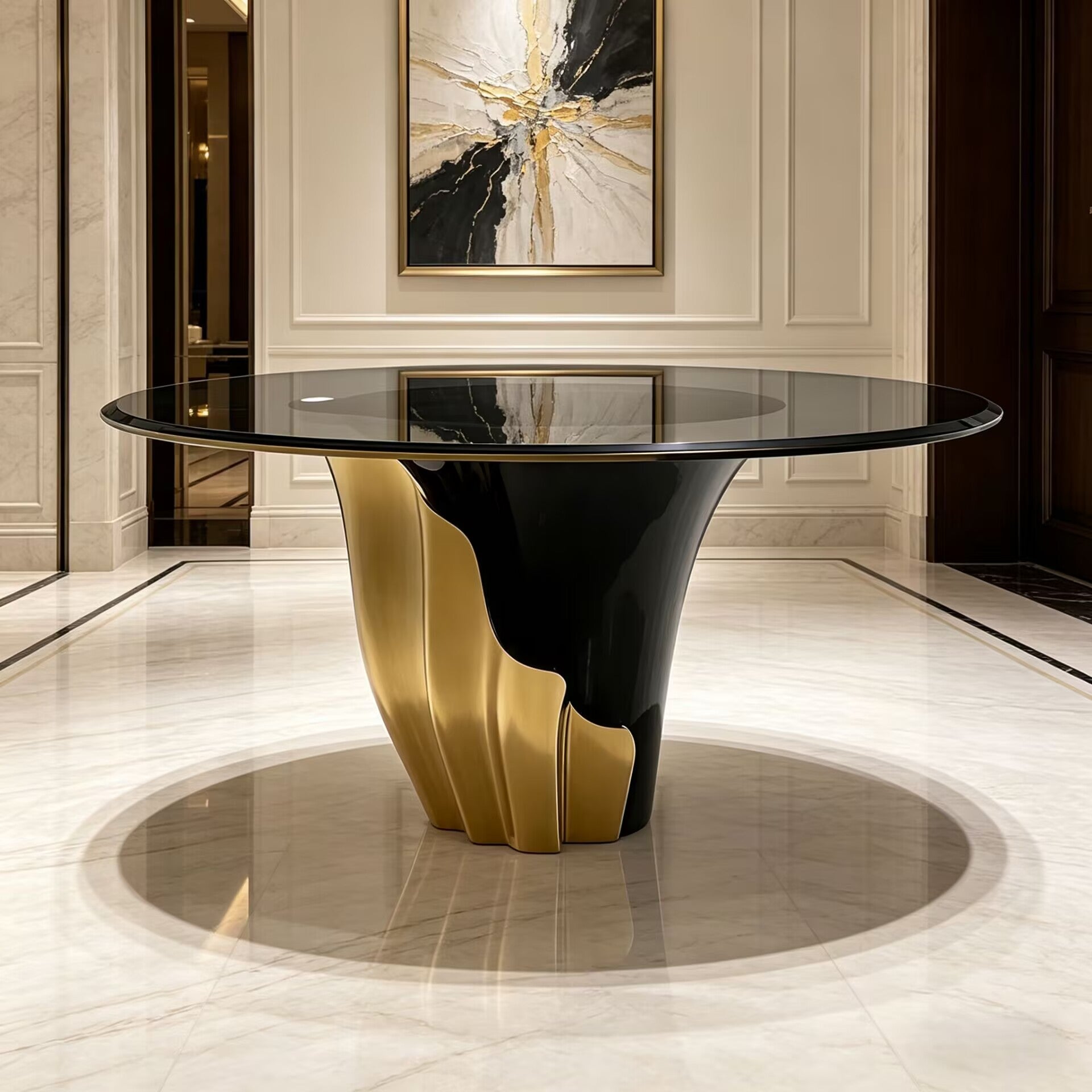 Yasmine Artistic Petal Stainless Steel Glass Round Dining Table