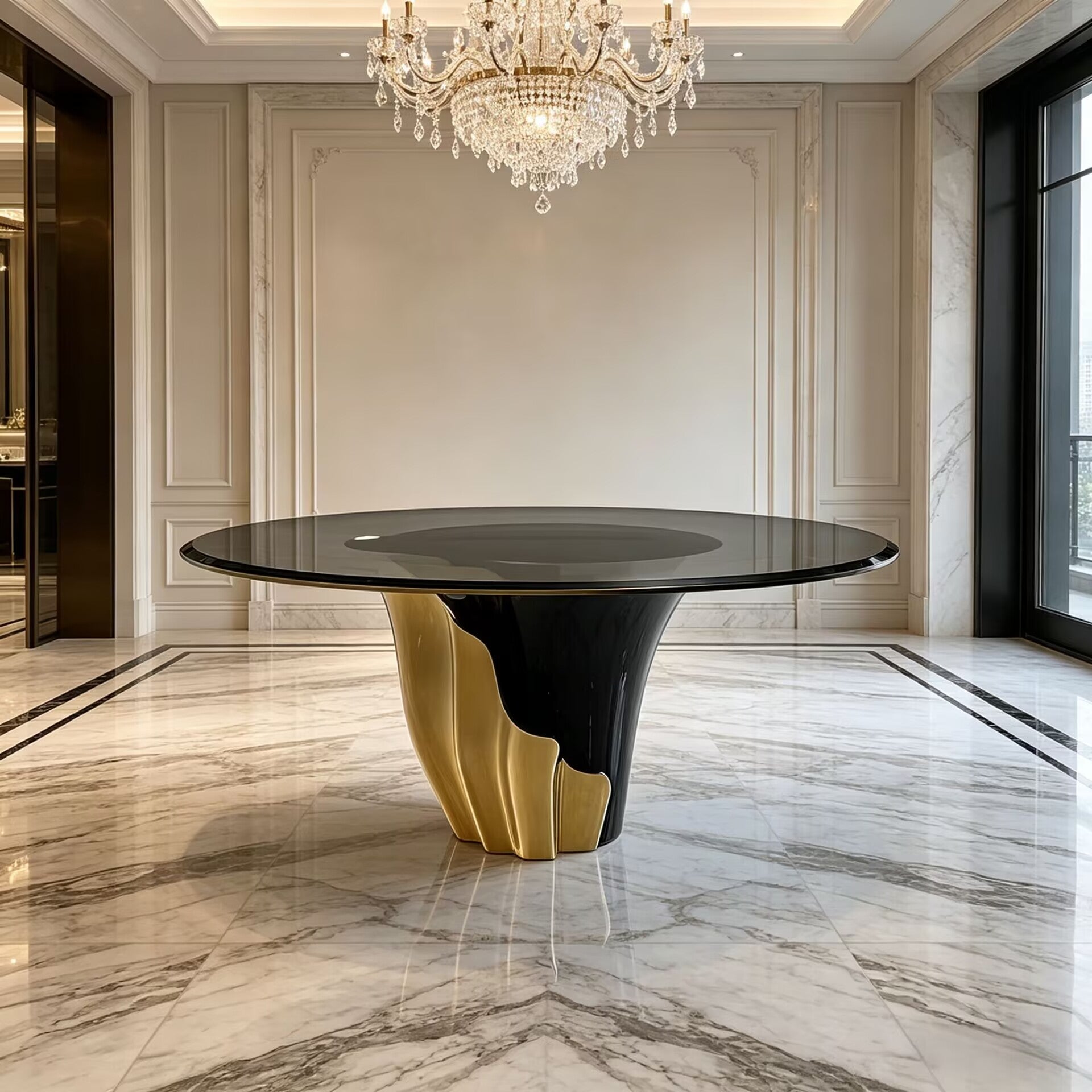 Yasmine Artistic Petal Stainless Steel Glass Round Dining Table