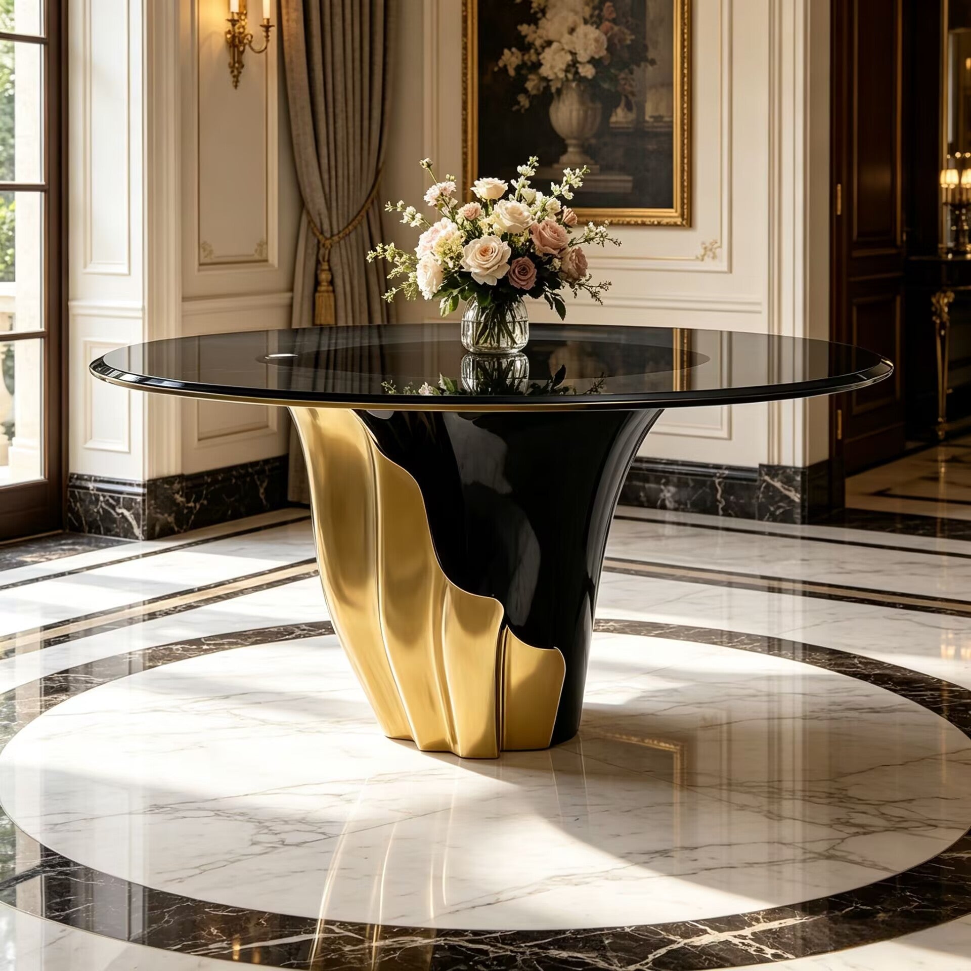 Yasmine Artistic Petal Stainless Steel Glass Round Dining Table
