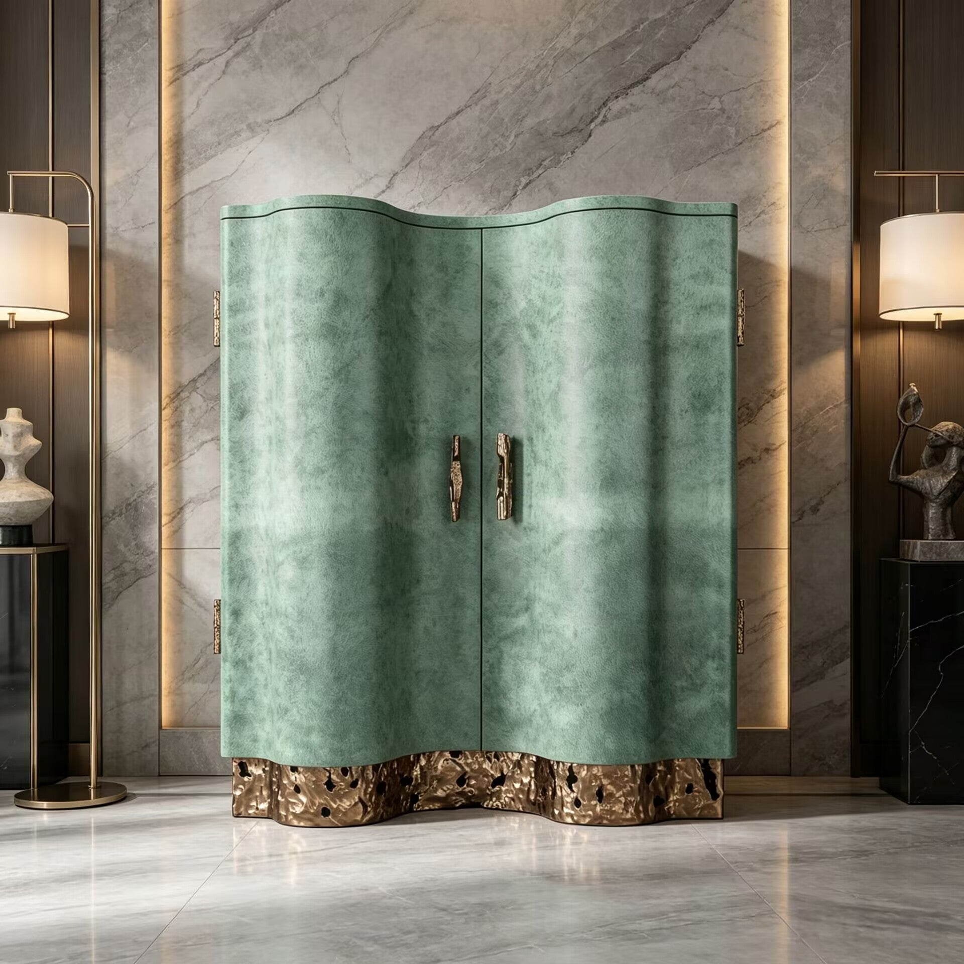 Agalma Unique Creativity Retro Green Solid Wood Wave Art Sideboard