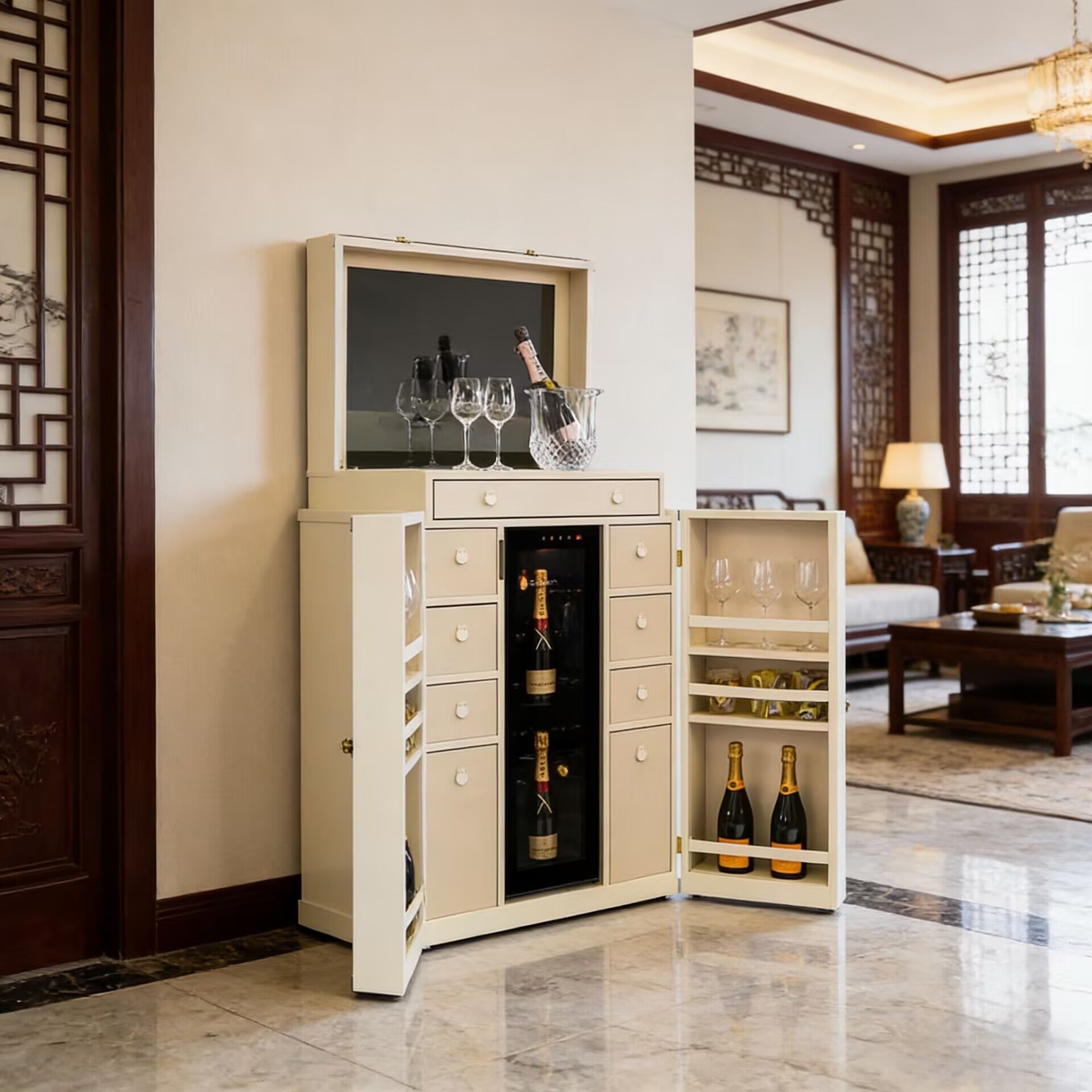 Anacapri High-End Designer Solid Wood Leather Wine Cabinet