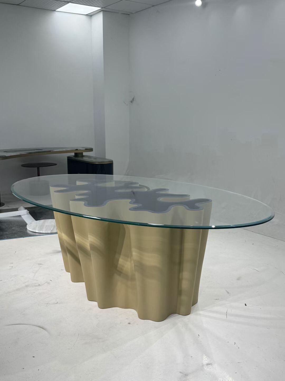 Anemona Designer Artistic Ocean Waves Glass Oval Dining Table