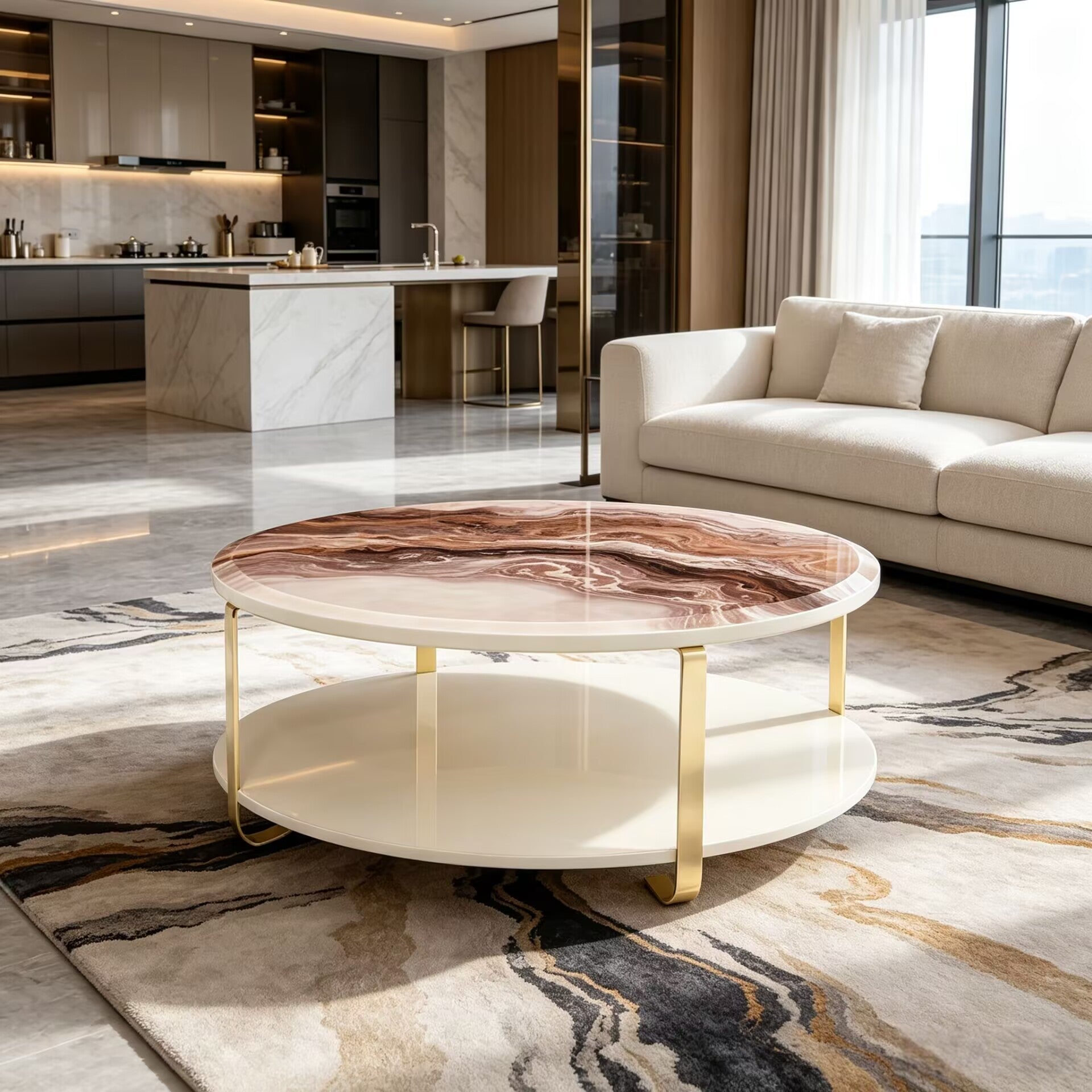 Ariana Luxurious High-End Marble Art Round Two-Tier Coffee Table