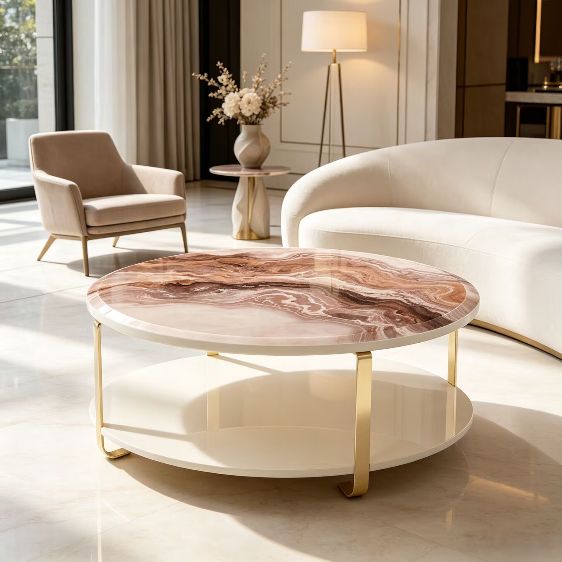 Ariana Luxurious High-End Marble Art Round Two-Tier Coffee Table