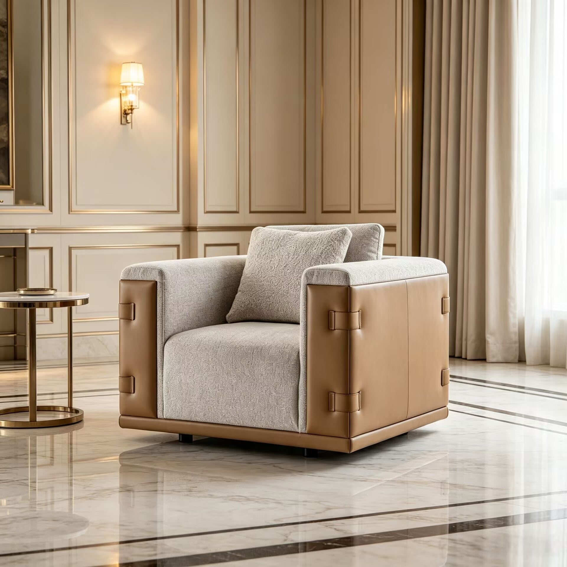Atelier Italian Designer Leather Minimalist Fabric Single Sofa Chair