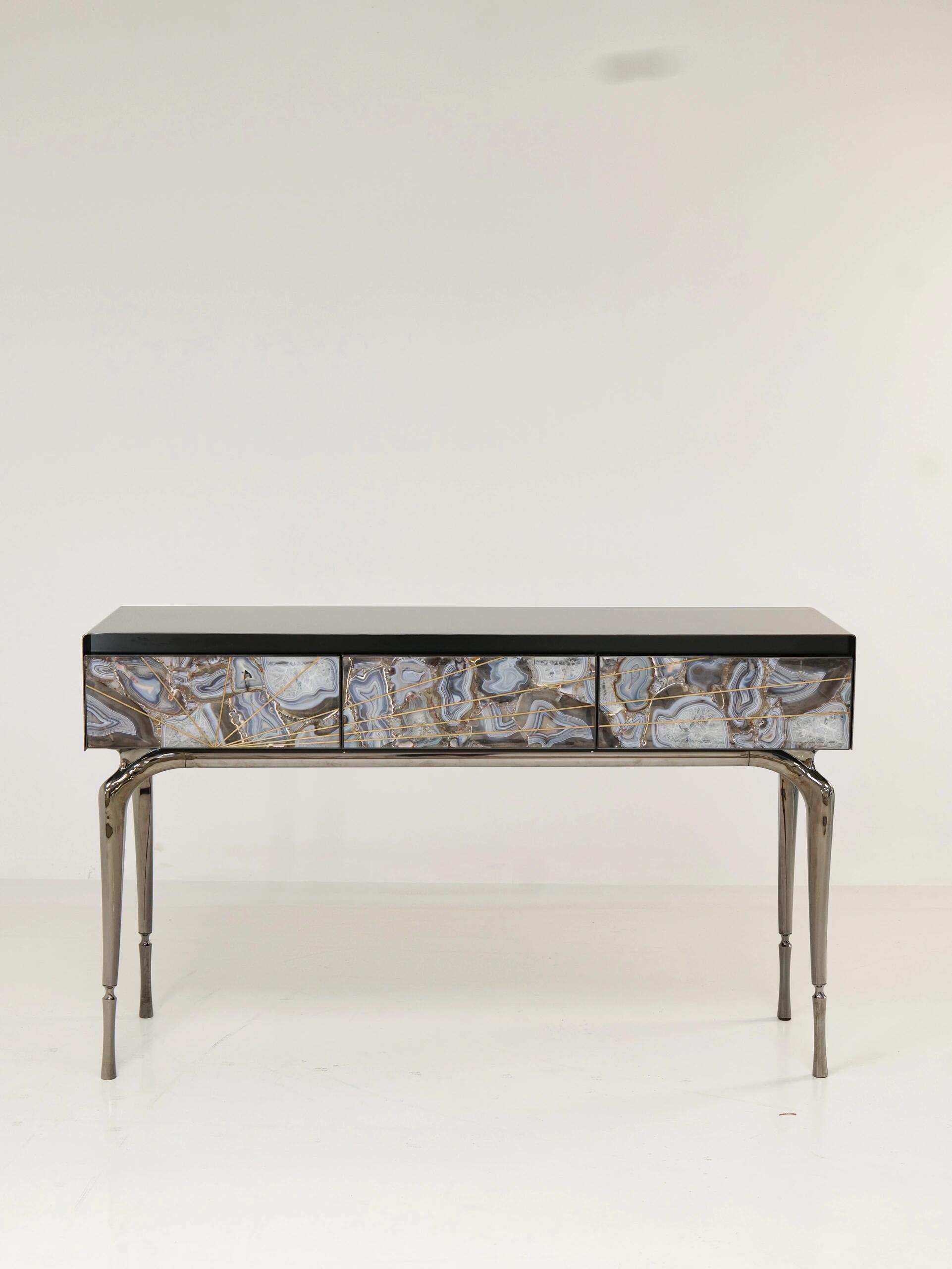 Aurora Italian Minimalist Natural Agate Designer Stainless Steel Console