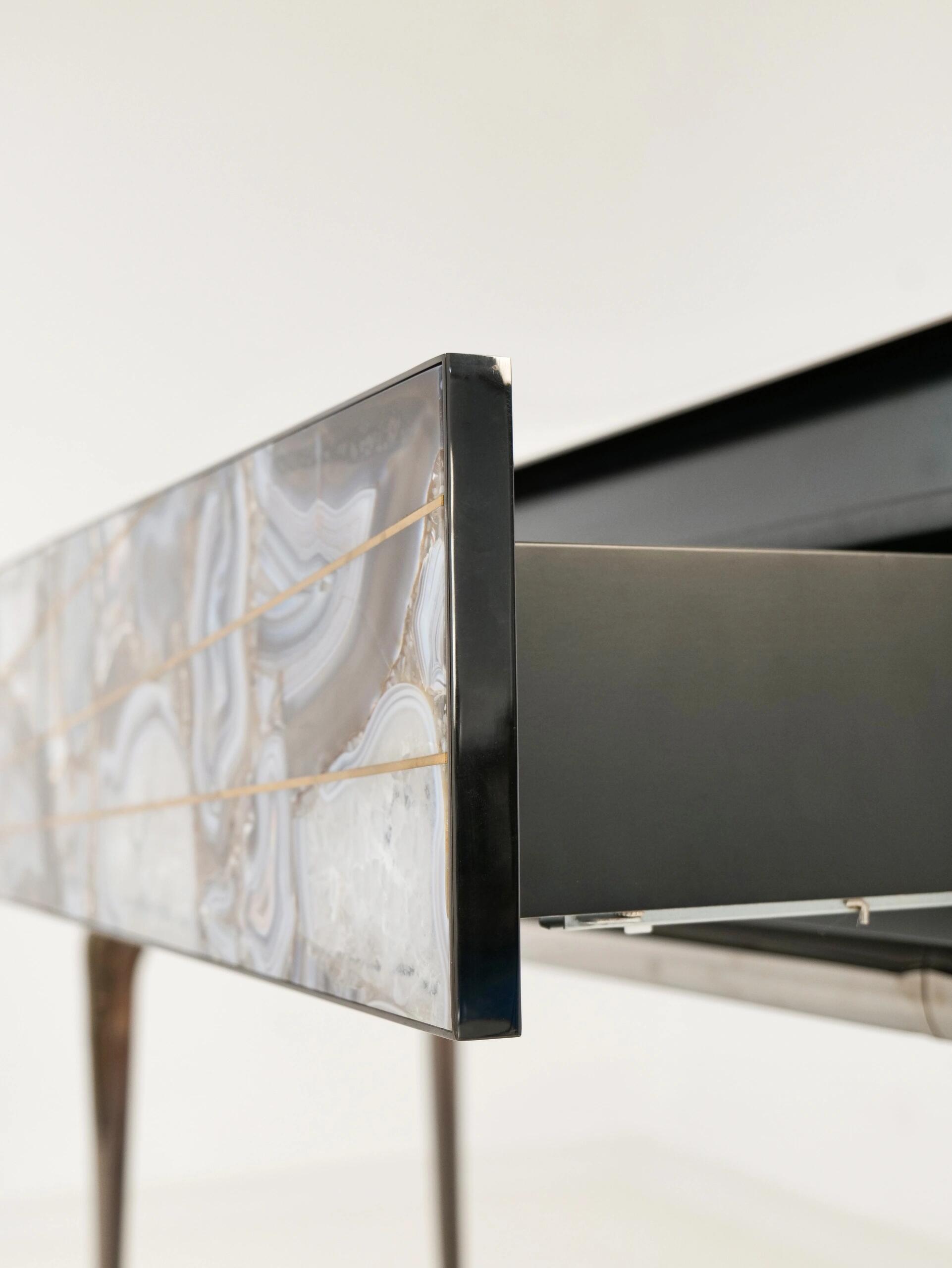 Aurora Italian Minimalist Natural Agate Designer Stainless Steel Console