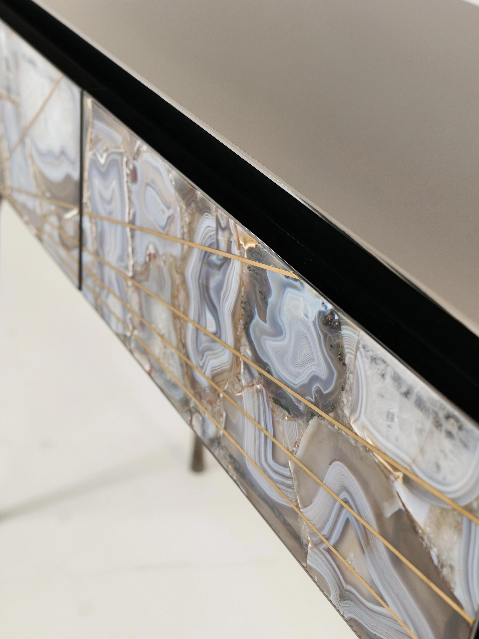 Aurora Italian Minimalist Natural Agate Designer Stainless Steel Console