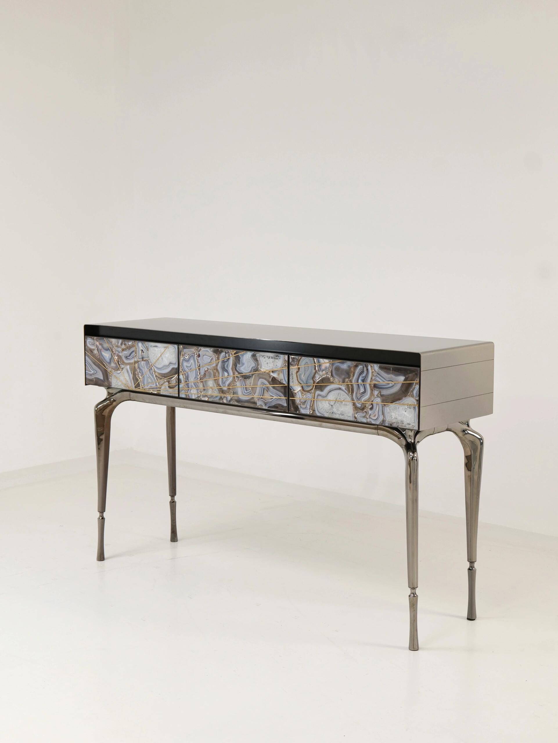 Aurora Italian Minimalist Natural Agate Designer Stainless Steel Console