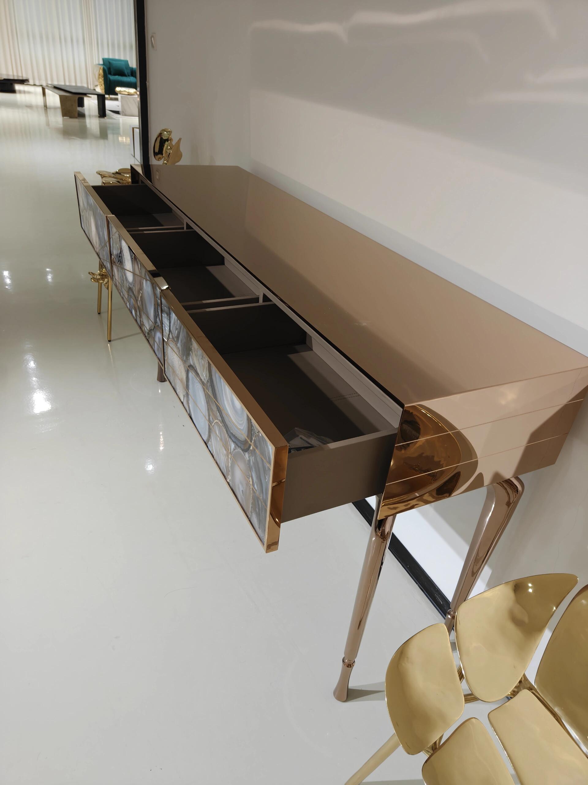 Aurora Italian Minimalist Natural Agate Designer Stainless Steel Console