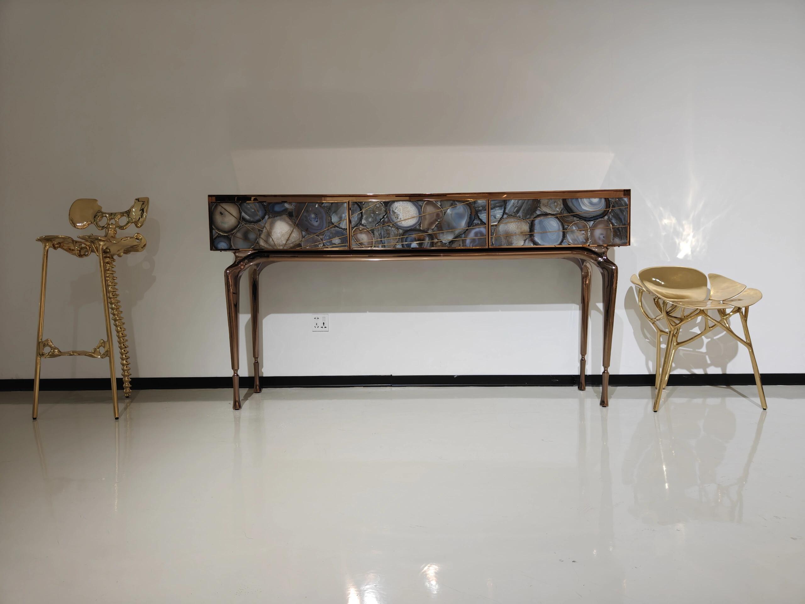 Aurora Italian Minimalist Natural Agate Designer Stainless Steel Console