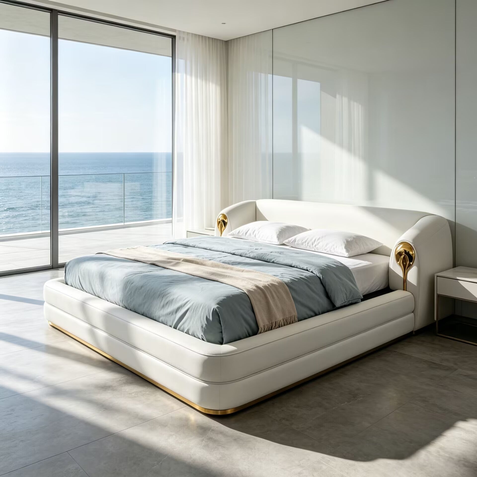 Villa Bedroom Luxurious Brass Designer Genuine Leather Double Bed