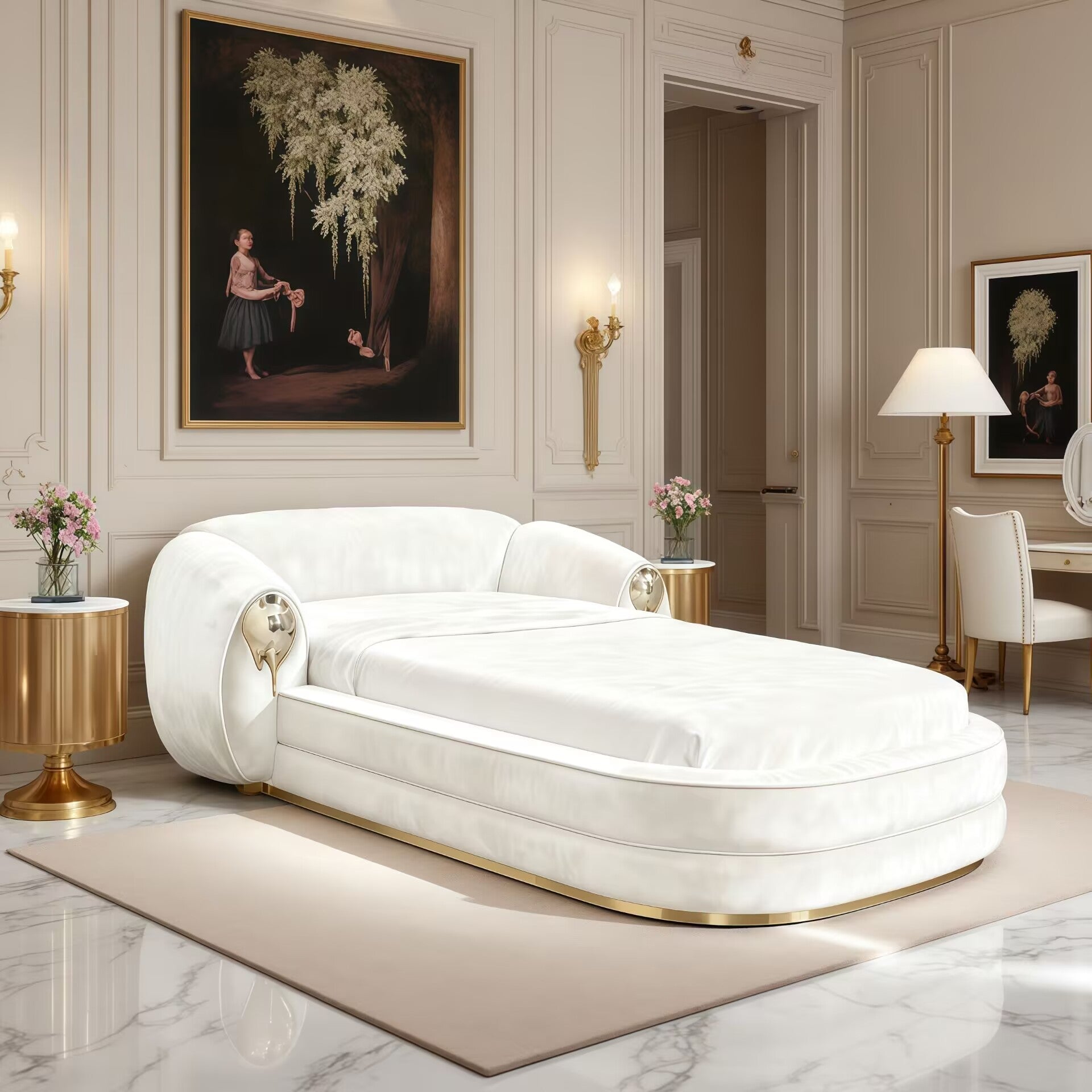Italian Minimalist Brass Bedroom High End Artistic Fabric Double Bed