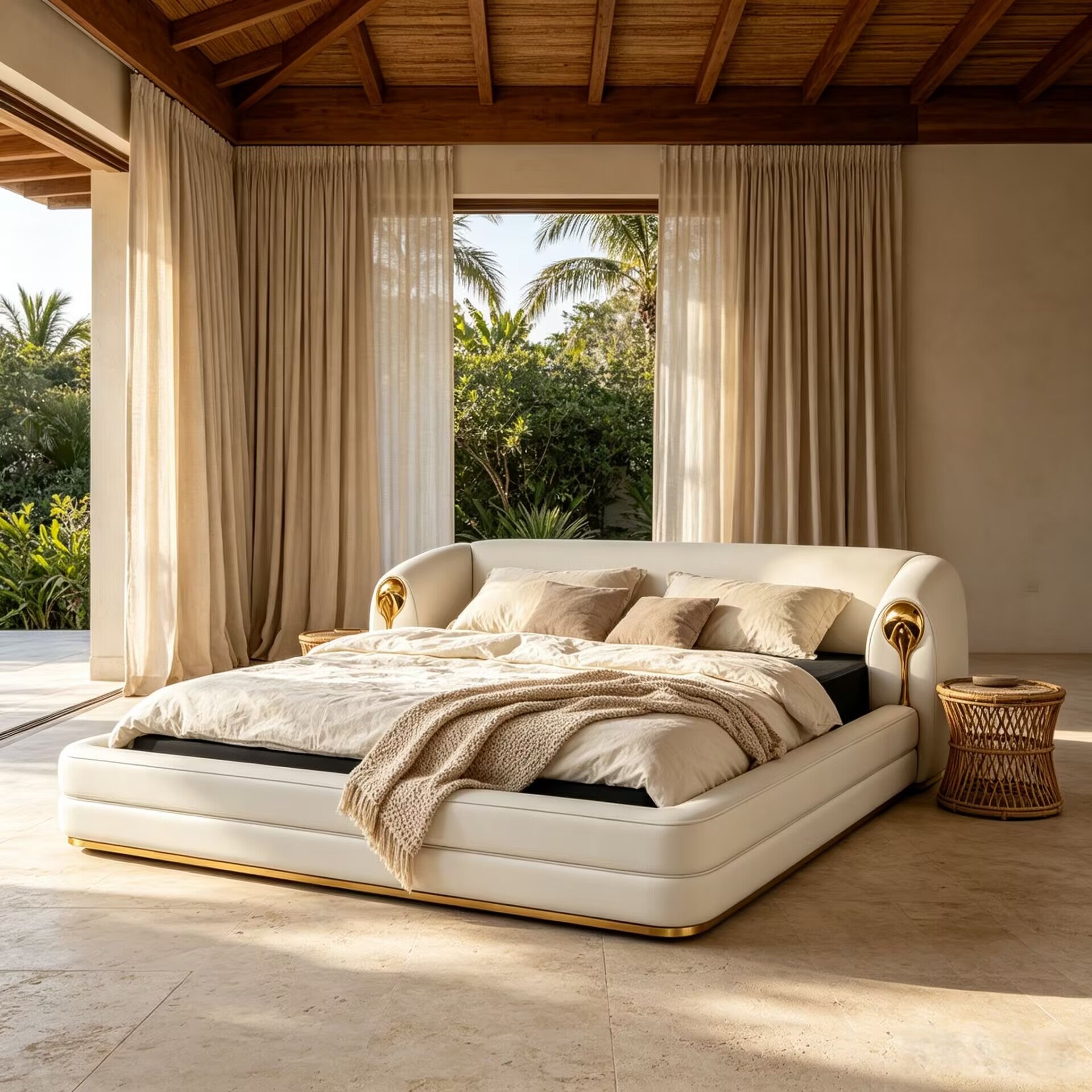 Villa Bedroom Luxurious Brass Designer Genuine Leather Double Bed