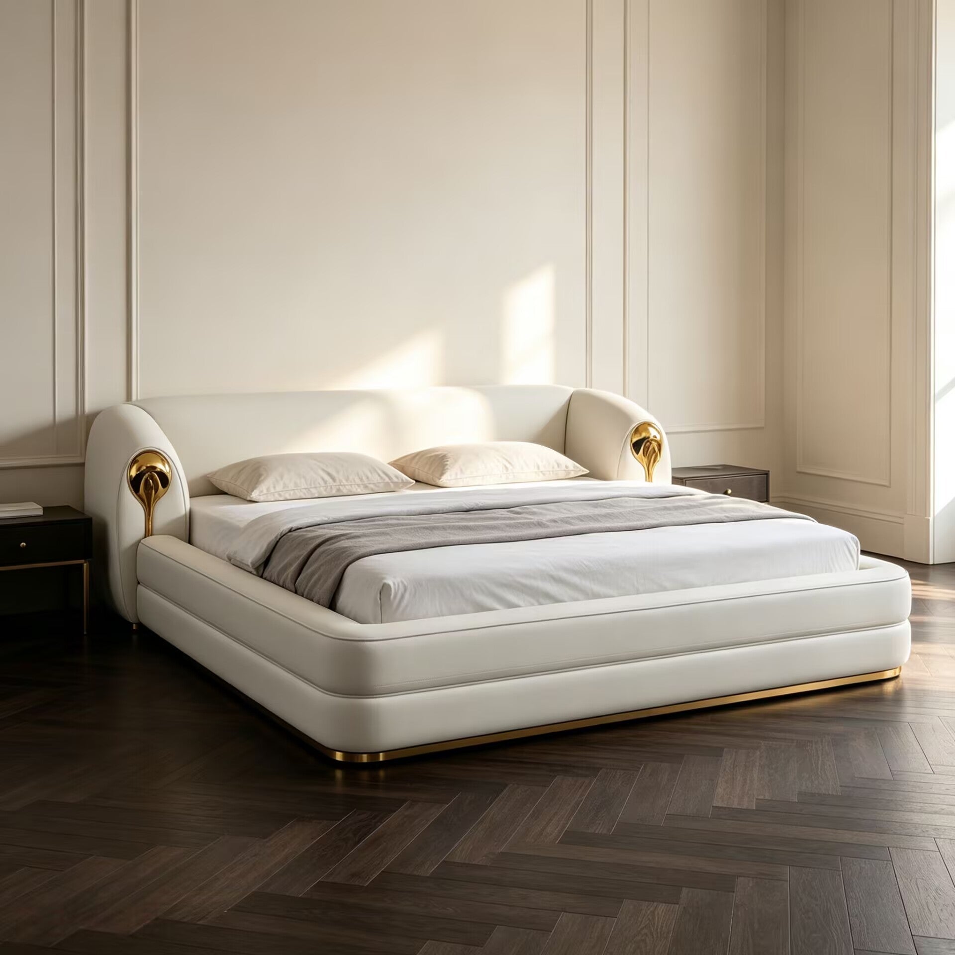 Villa Bedroom Luxurious Brass Designer Genuine Leather Double Bed