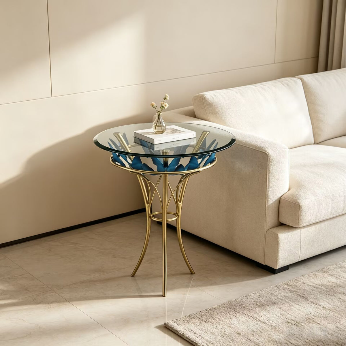 Blue Butterfly Upscale Stainless Steel Designer Round Glass Side Table