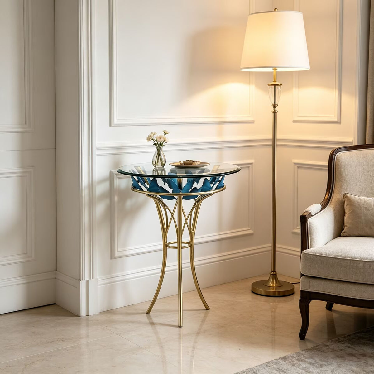 Blue Butterfly Upscale Stainless Steel Designer Round Glass Side Table