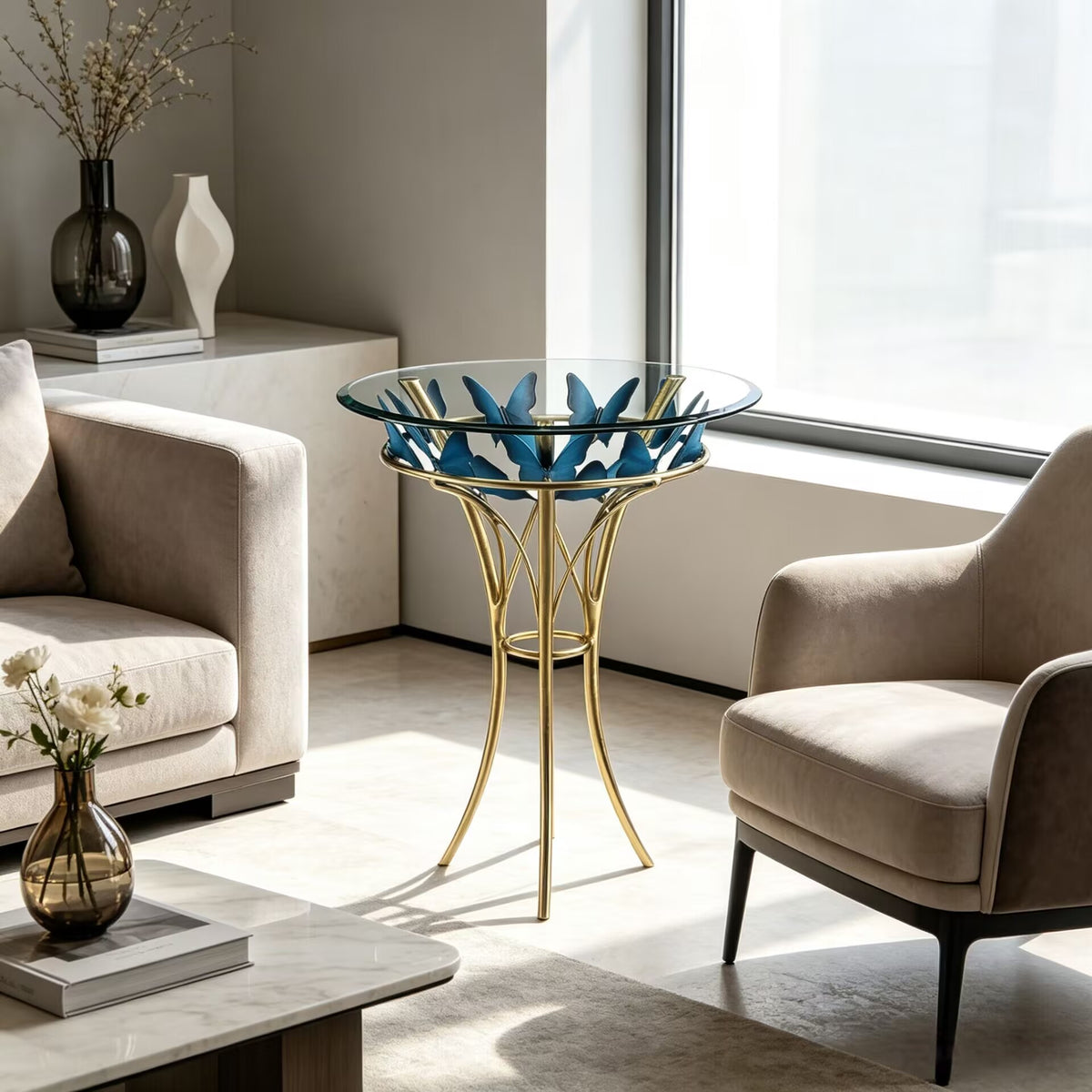 Blue Butterfly Upscale Stainless Steel Designer Round Glass Side Table
