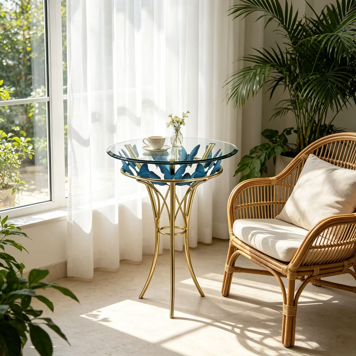 Blue Butterfly Upscale Stainless Steel Designer Round Glass Side Table