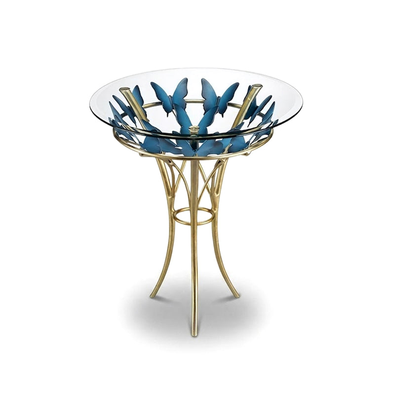 Blue Butterfly Upscale Stainless Steel Designer Round Glass Side Table