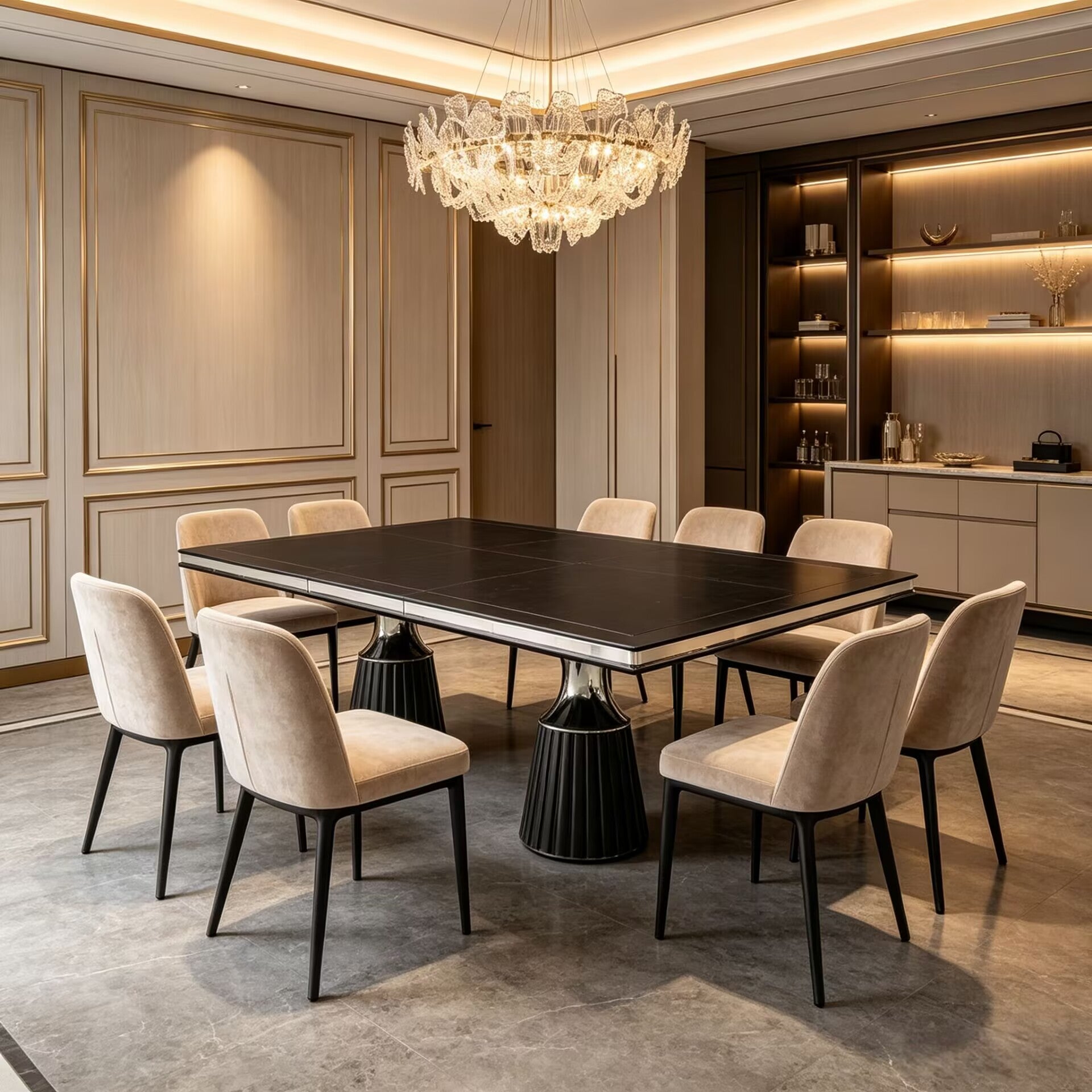 Carmela Luxury High-End Metal Rectangular Solid Wood Dining Table