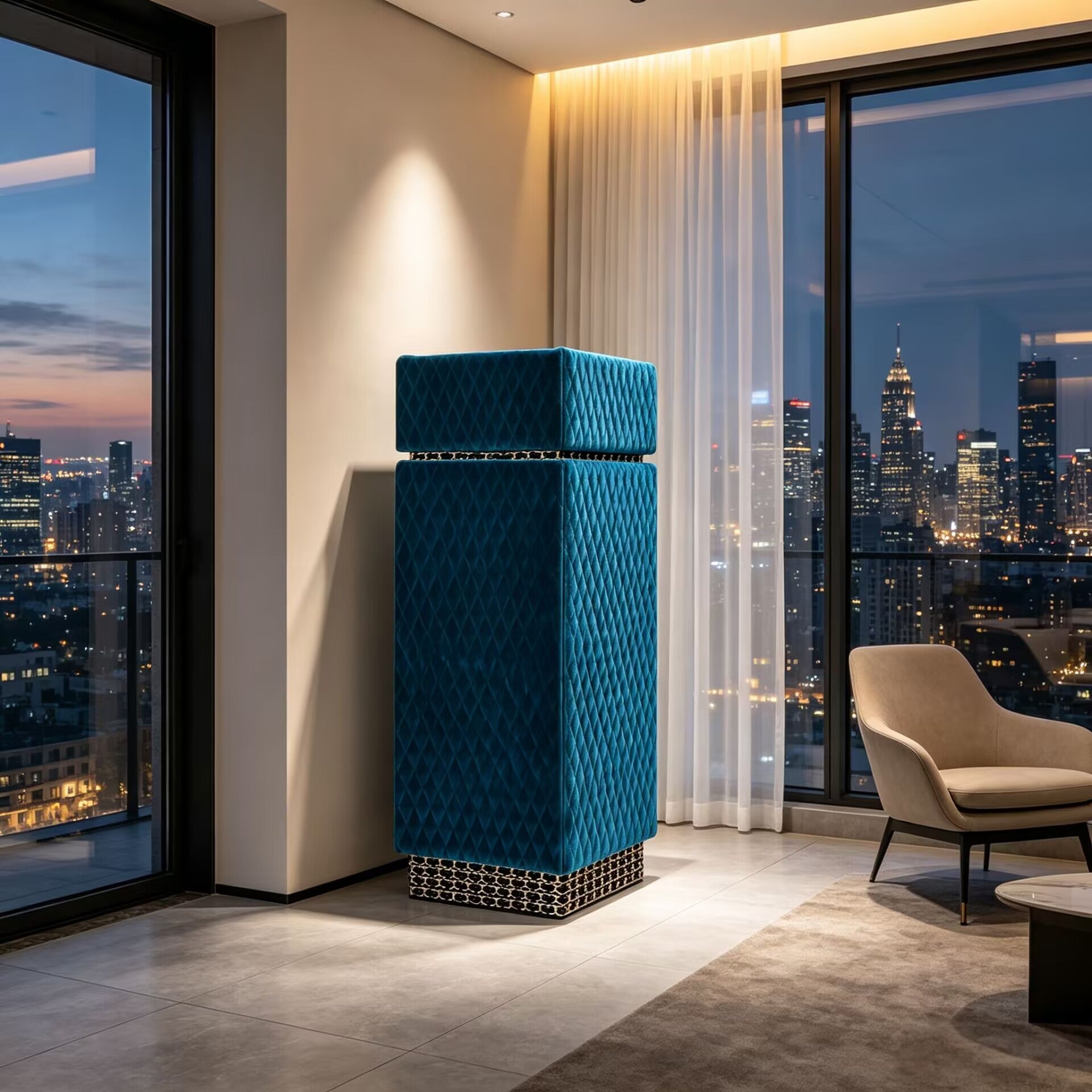 Coco High Quality Artistic Blue Velvet Column Display Cabinet