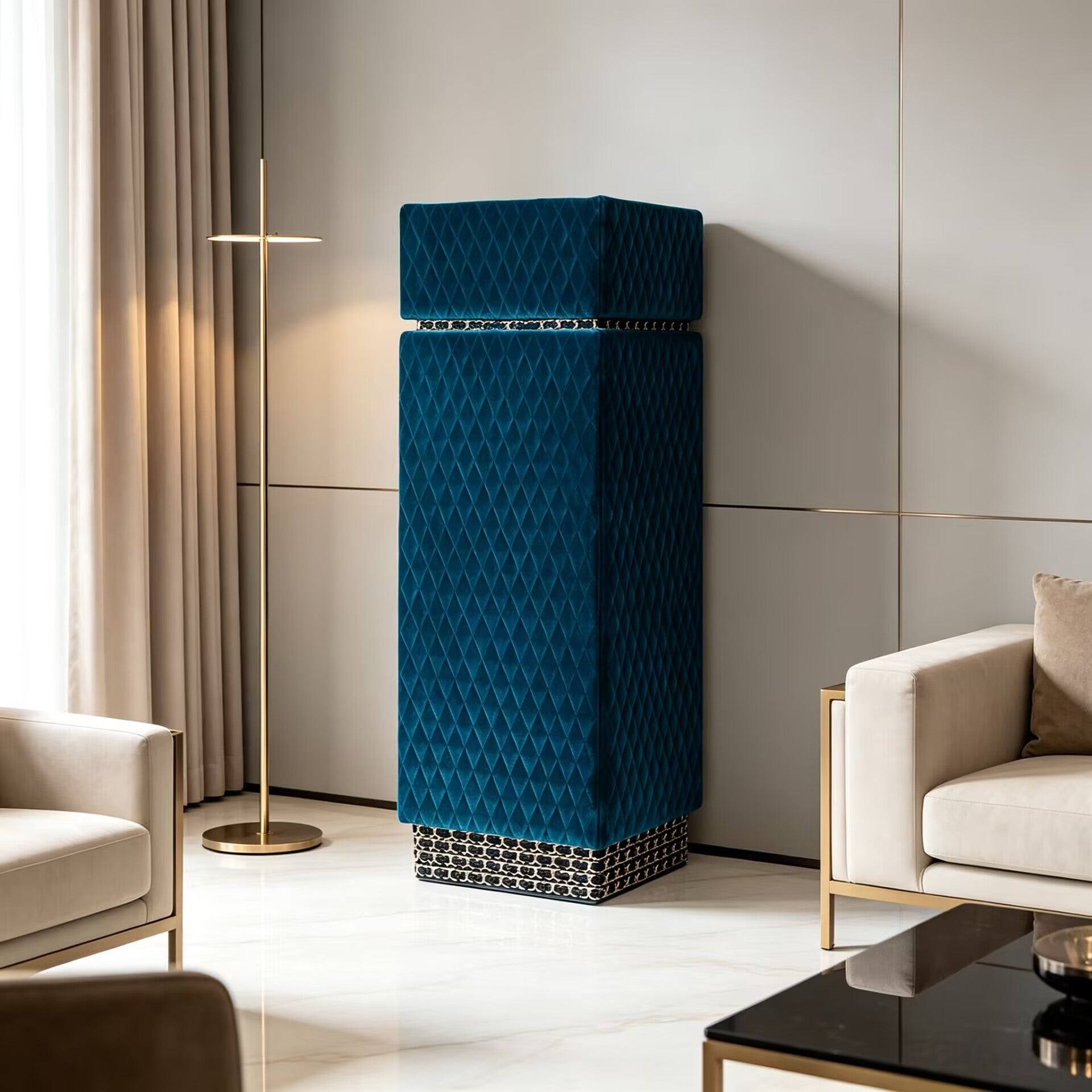 Coco High Quality Artistic Blue Velvet Column Display Cabinet