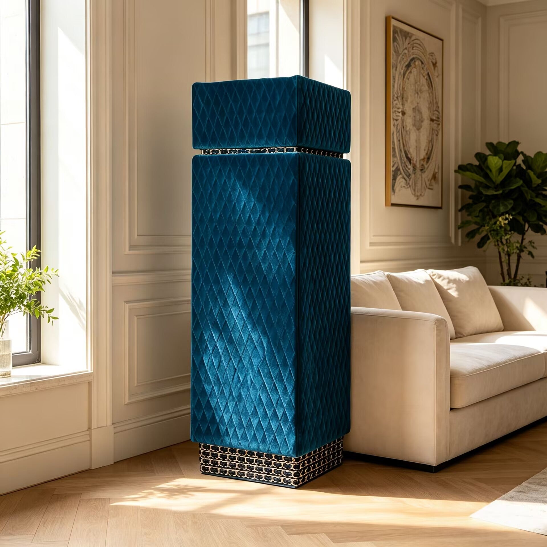 Coco High Quality Artistic Blue Velvet Column Display Cabinet