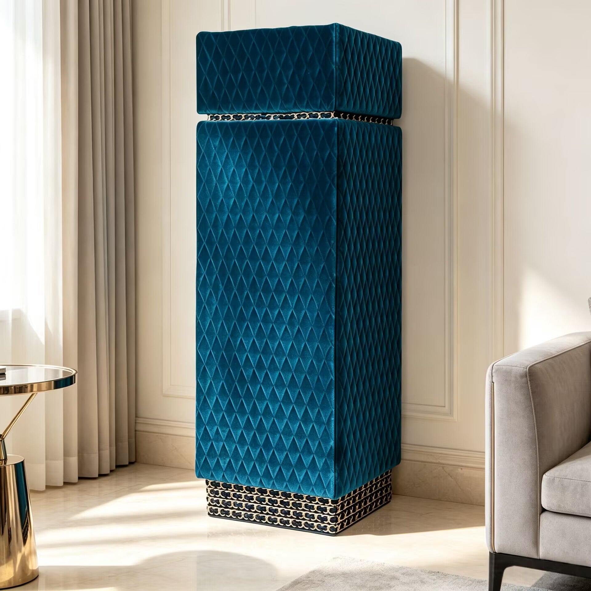 Coco High Quality Artistic Blue Velvet Column Display Cabinet