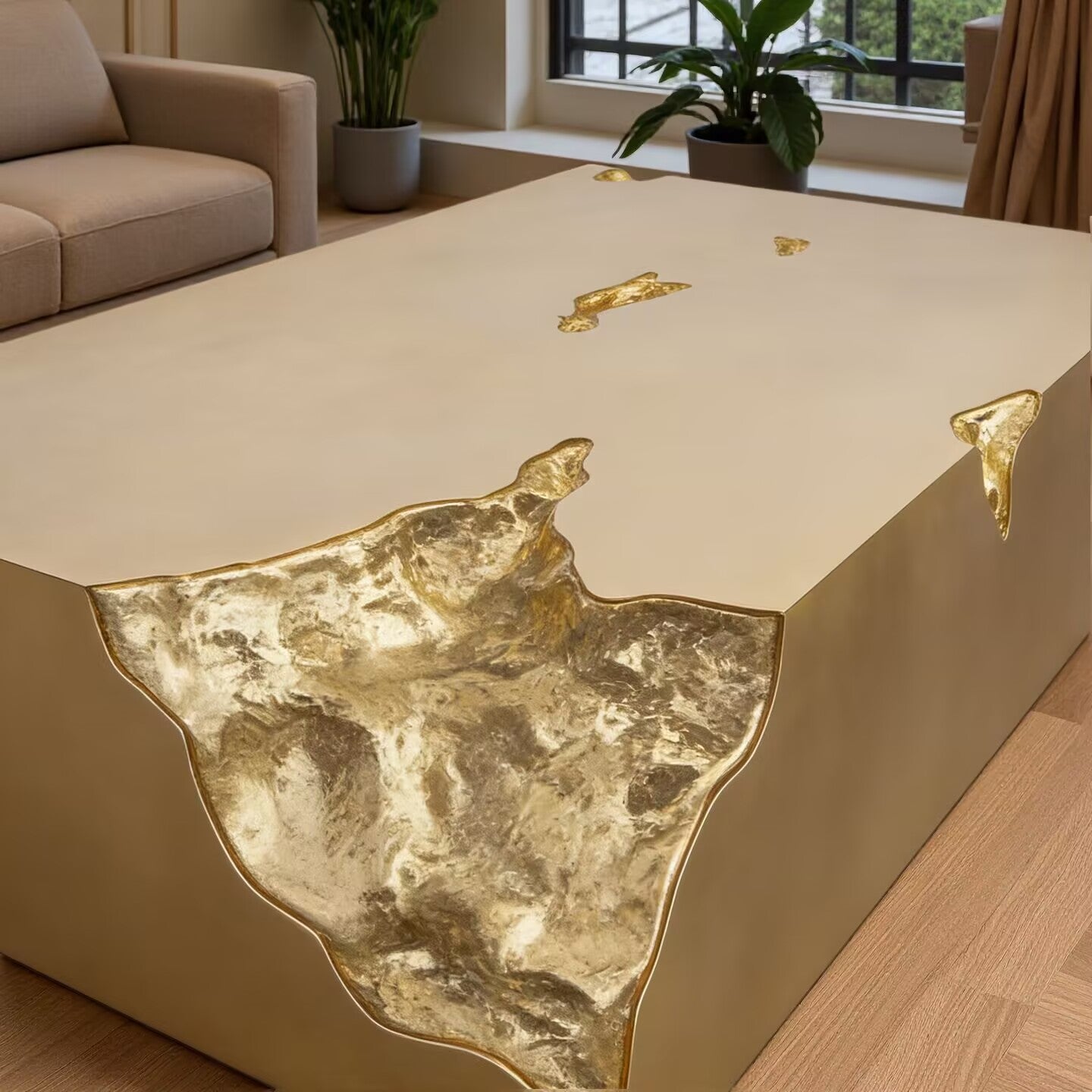 Designer Art Creativity Brass Rectangle Solid Wood Coffee Table