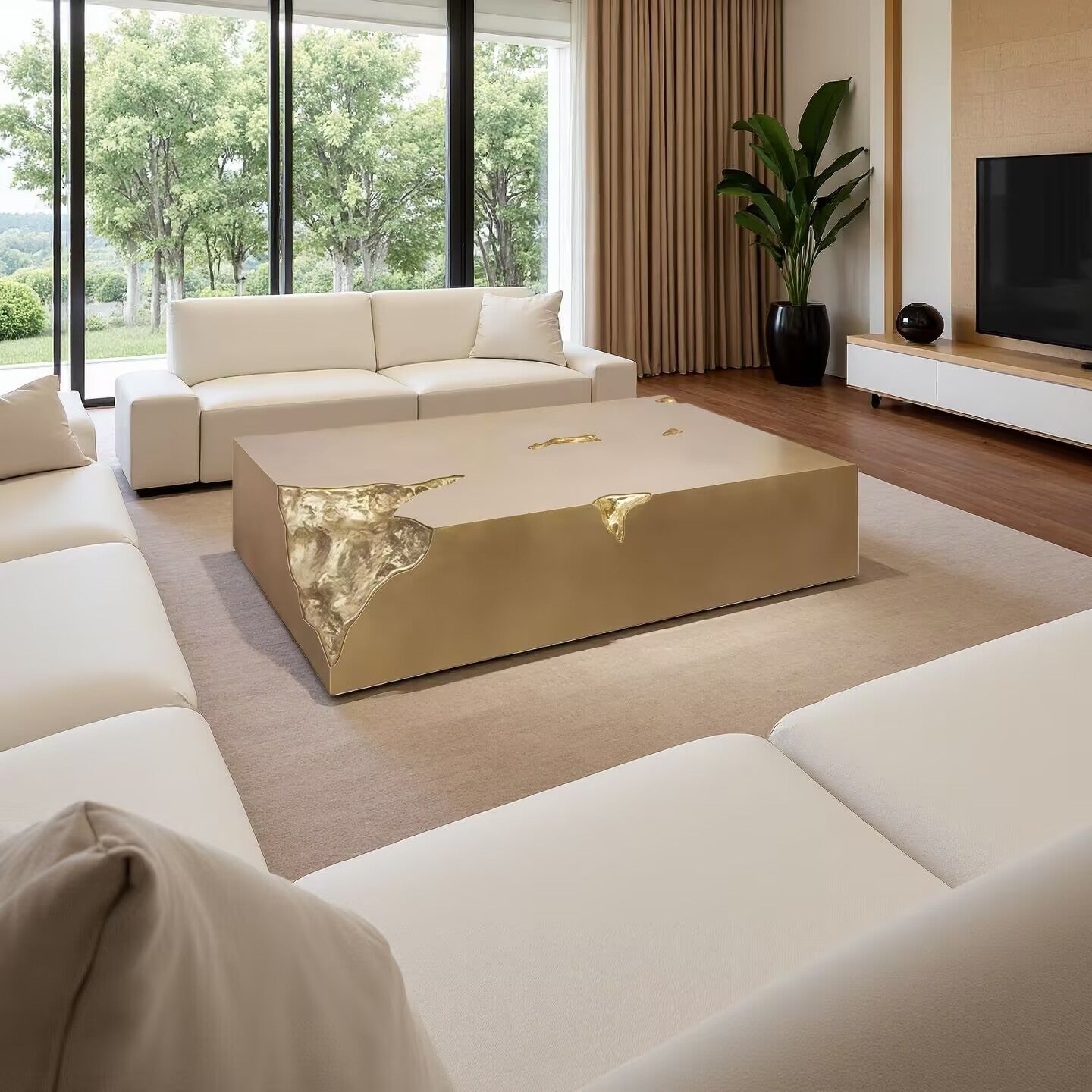 Designer Art Creativity Brass Rectangle Solid Wood Coffee Table
