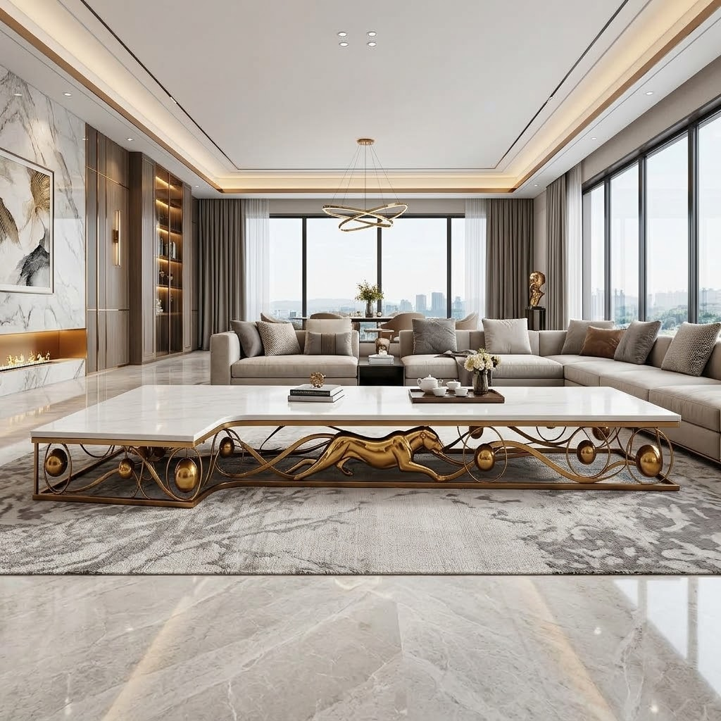 Living Room Upscale Art Metal Designer Natural Marble Coffee Table