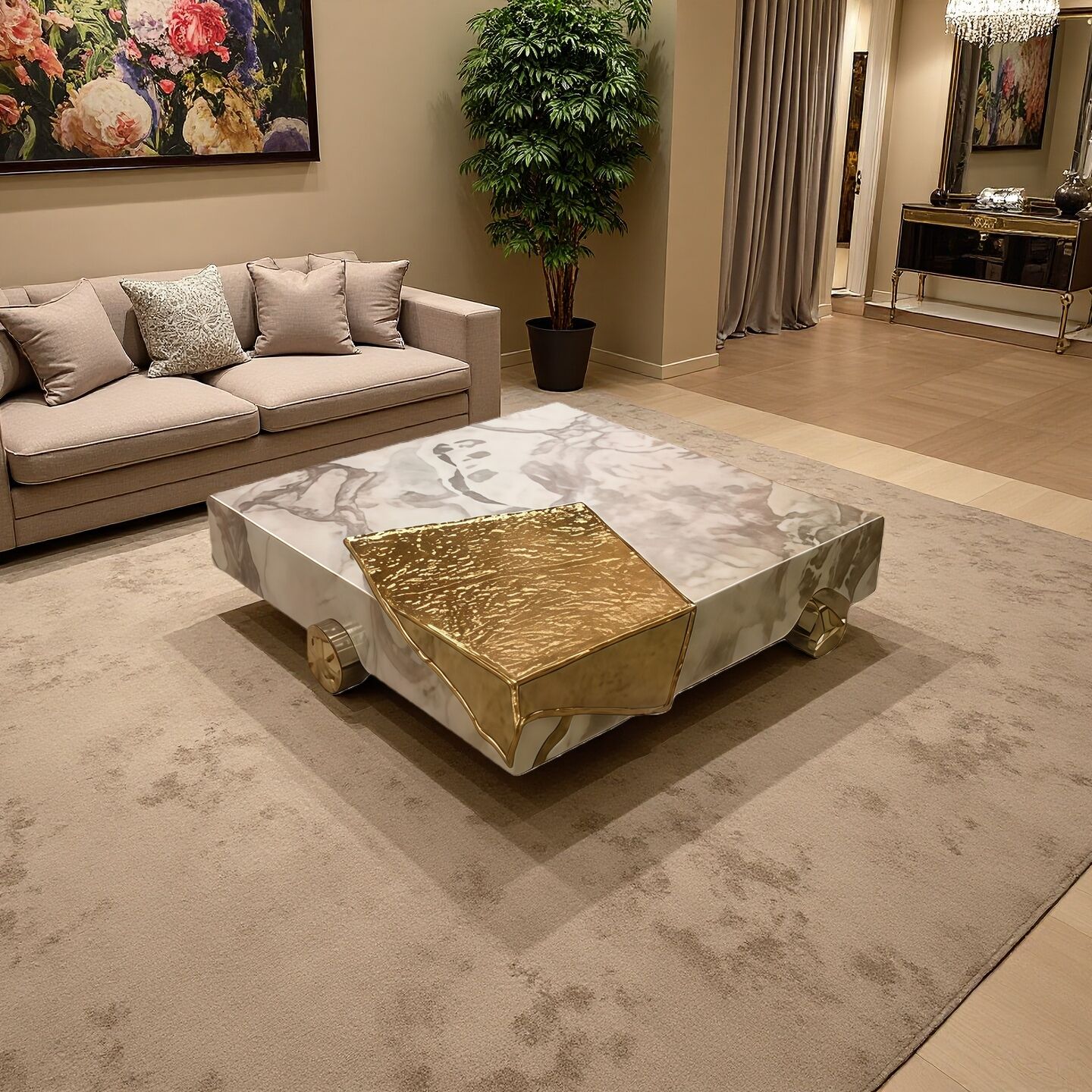 Modern Minimalist Artistic Brass High End Marble Coffee Table