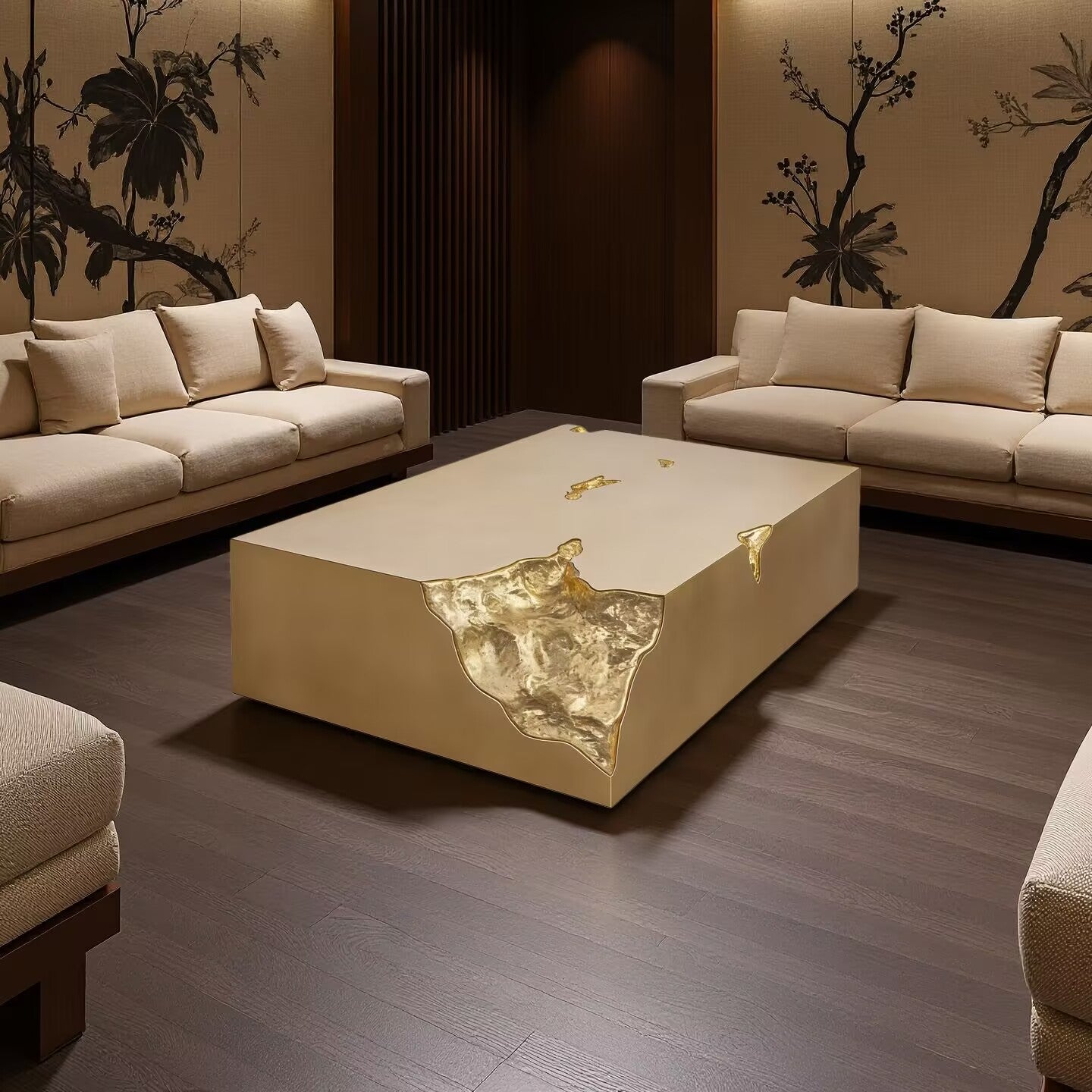 Designer Art Creativity Brass Rectangle Solid Wood Coffee Table