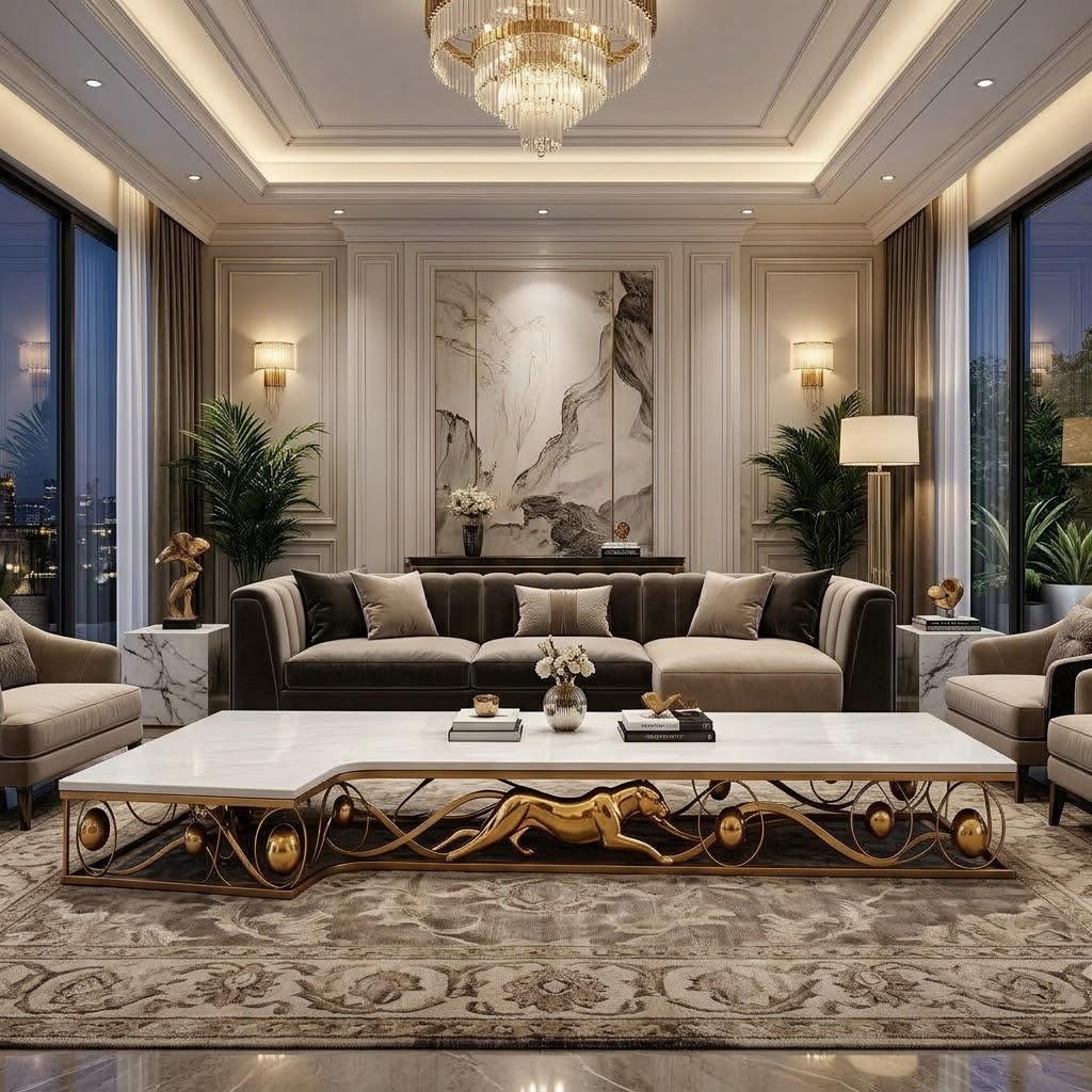 Living Room Upscale Art Metal Designer Natural Marble Coffee Table