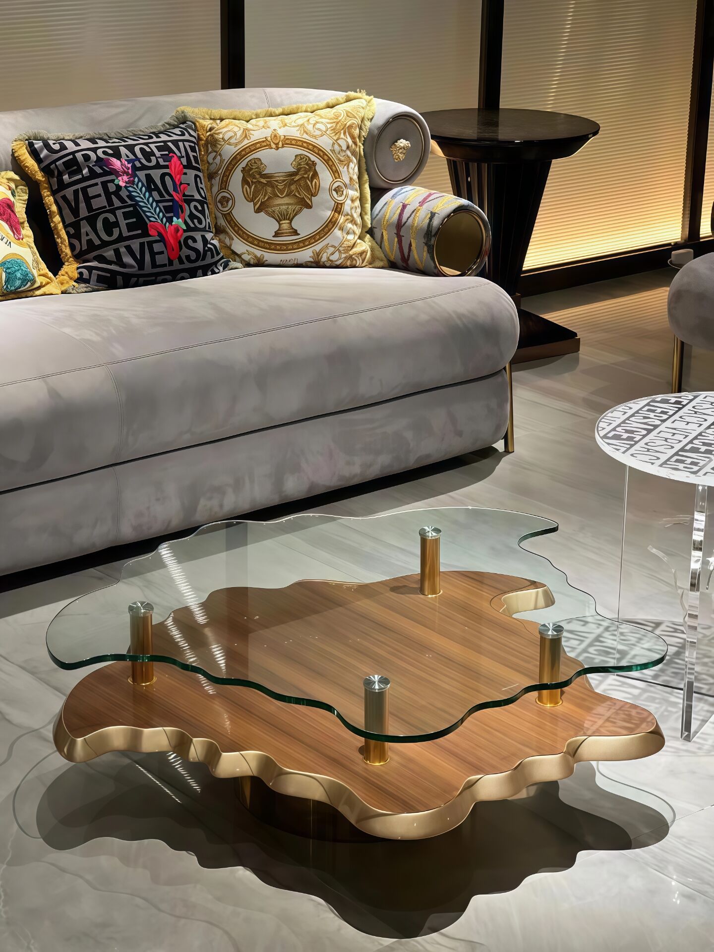 Artistic Metal Irregular Double Layer Commission Glass Coffee Table