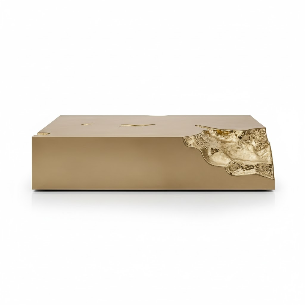 Designer Art Creativity Brass Rectangle Solid Wood Coffee Table