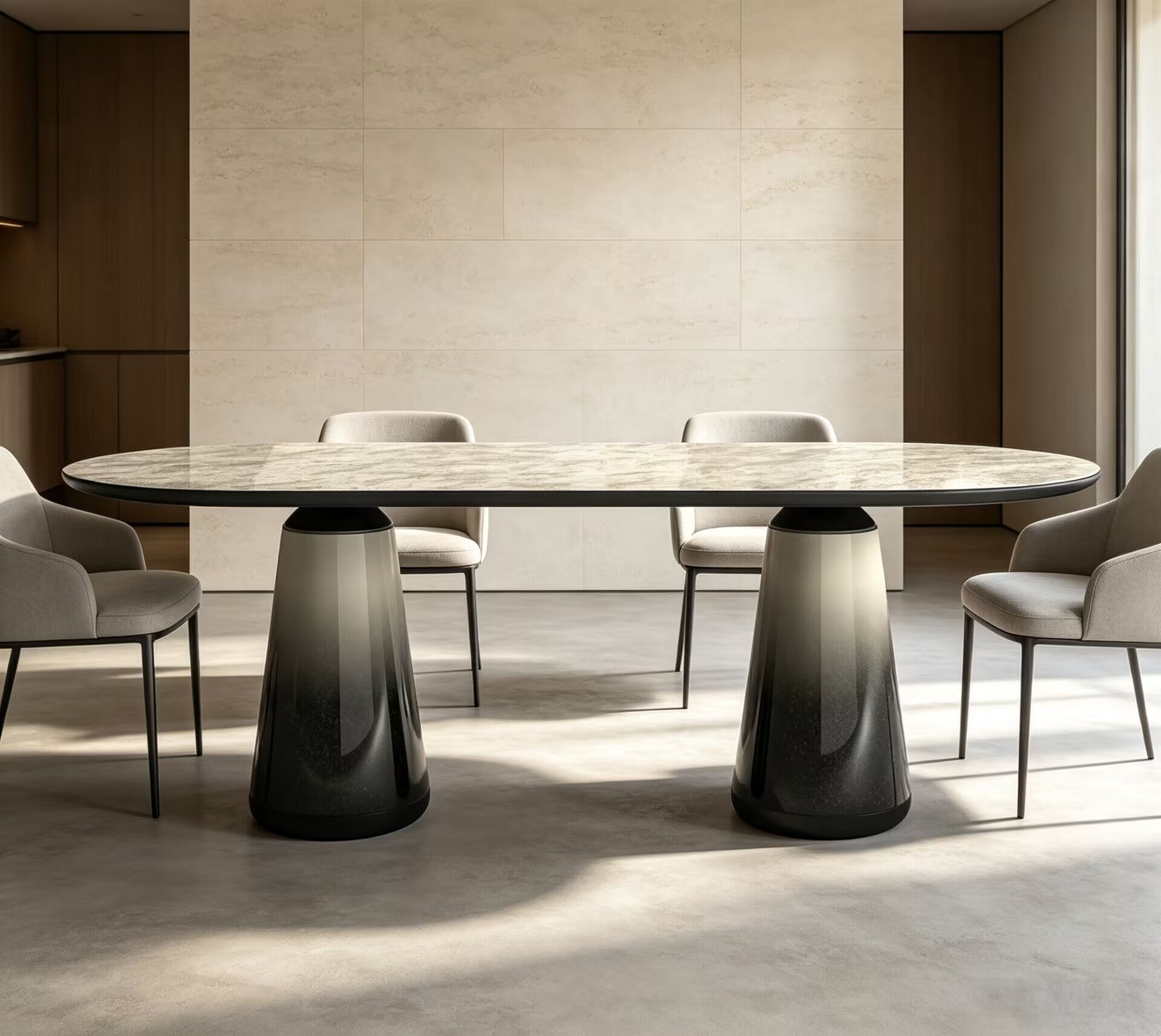 Unique Creativity Simple Solid Wood Art Marble Oval Dining Table