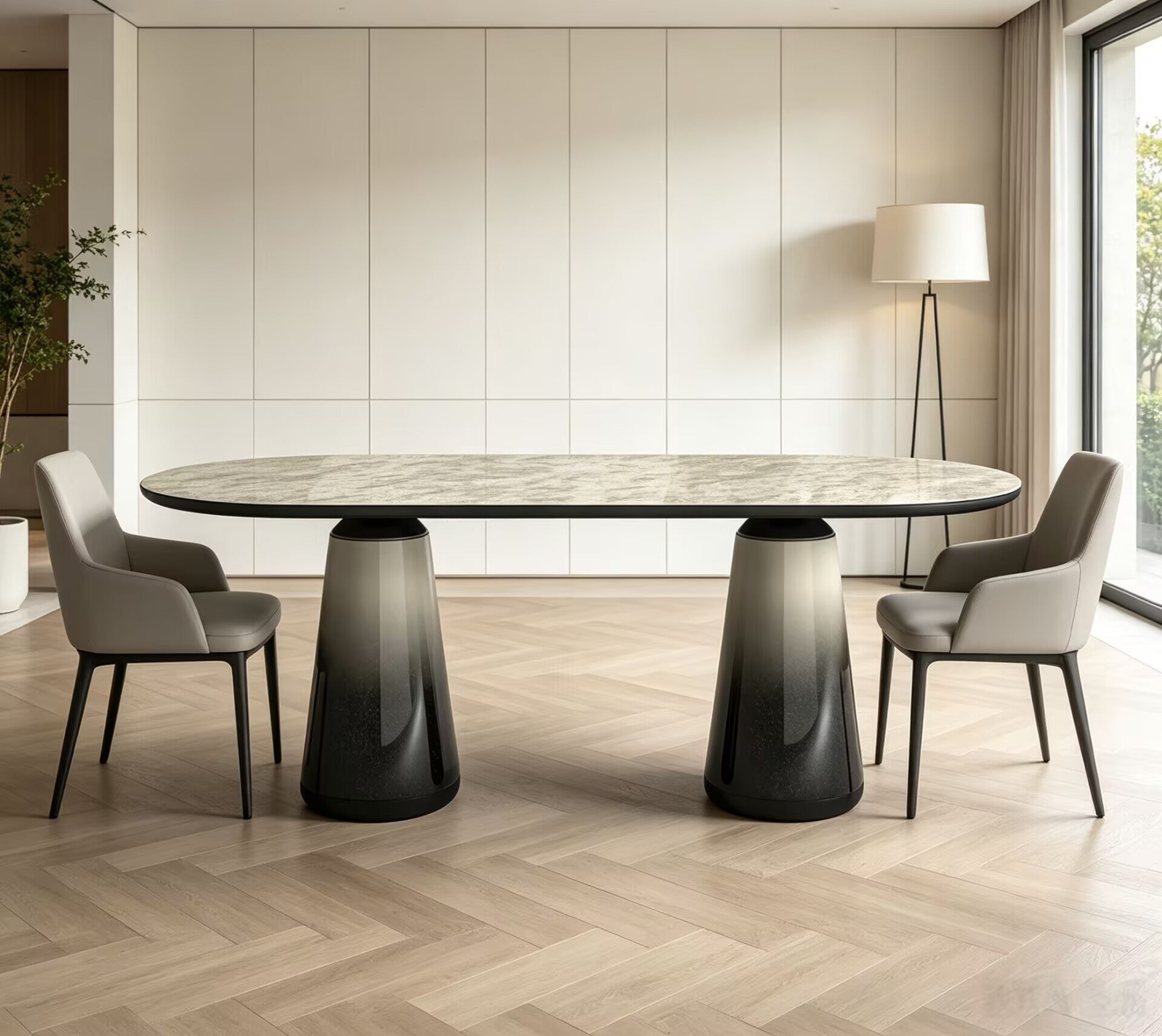 Unique Creativity Simple Solid Wood Art Marble Oval Dining Table