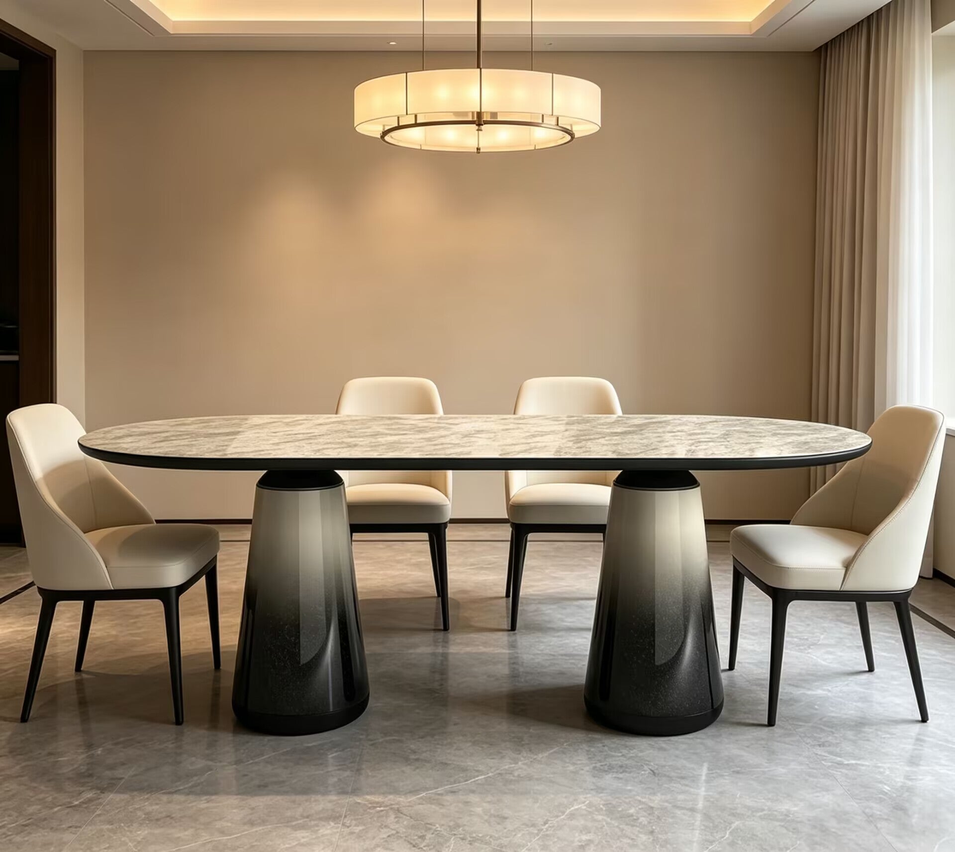 Unique Creativity Simple Solid Wood Art Marble Oval Dining Table