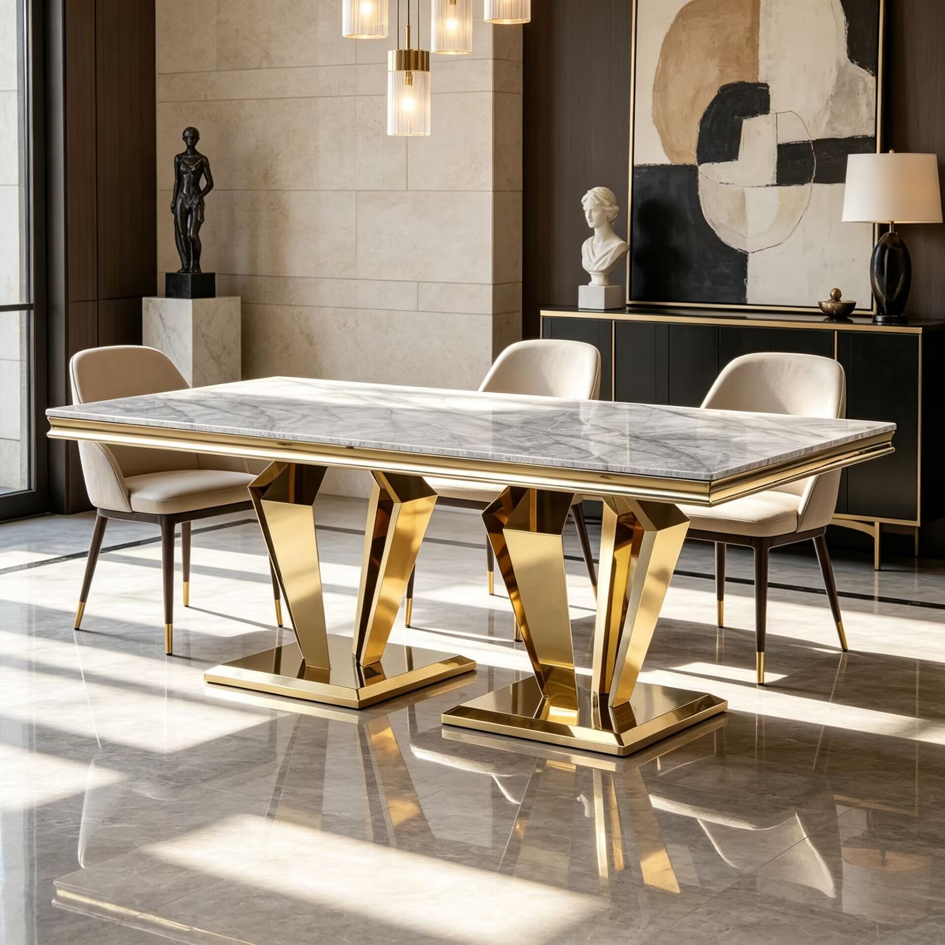 Creative Geometry Stainless Steel Upscale Marble Rectangle Dining Table