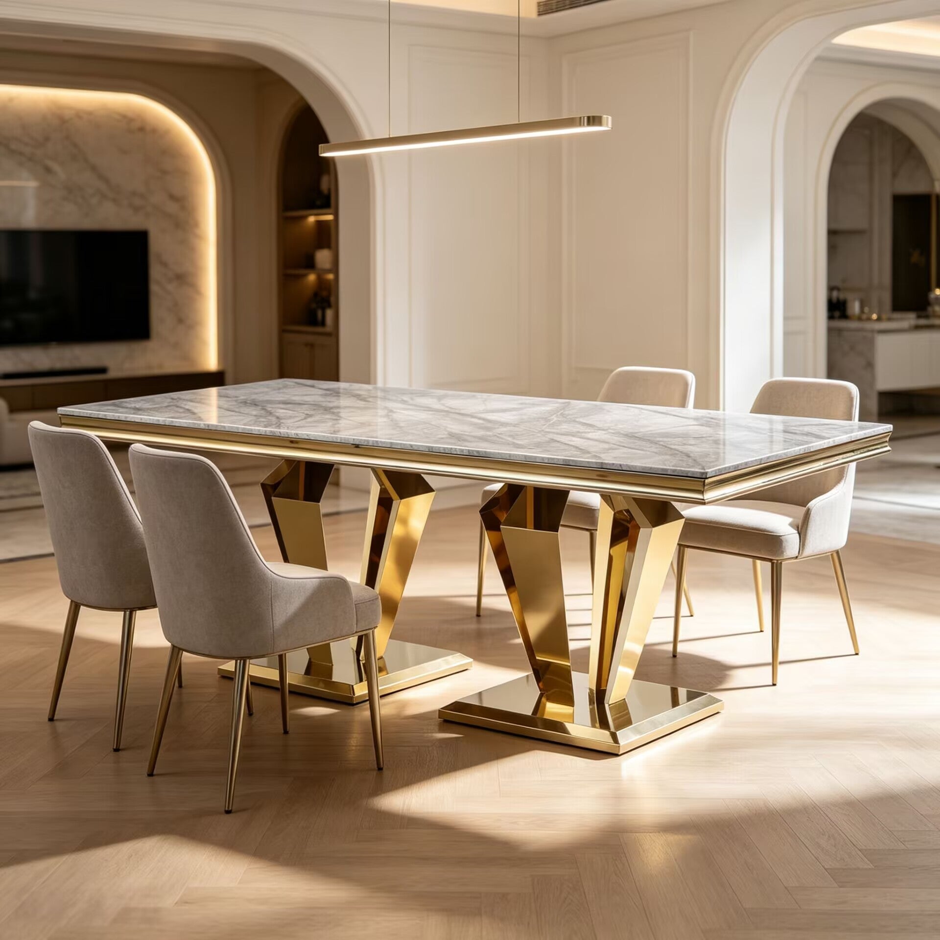 Creative Geometry Stainless Steel Upscale Marble Rectangle Dining Table