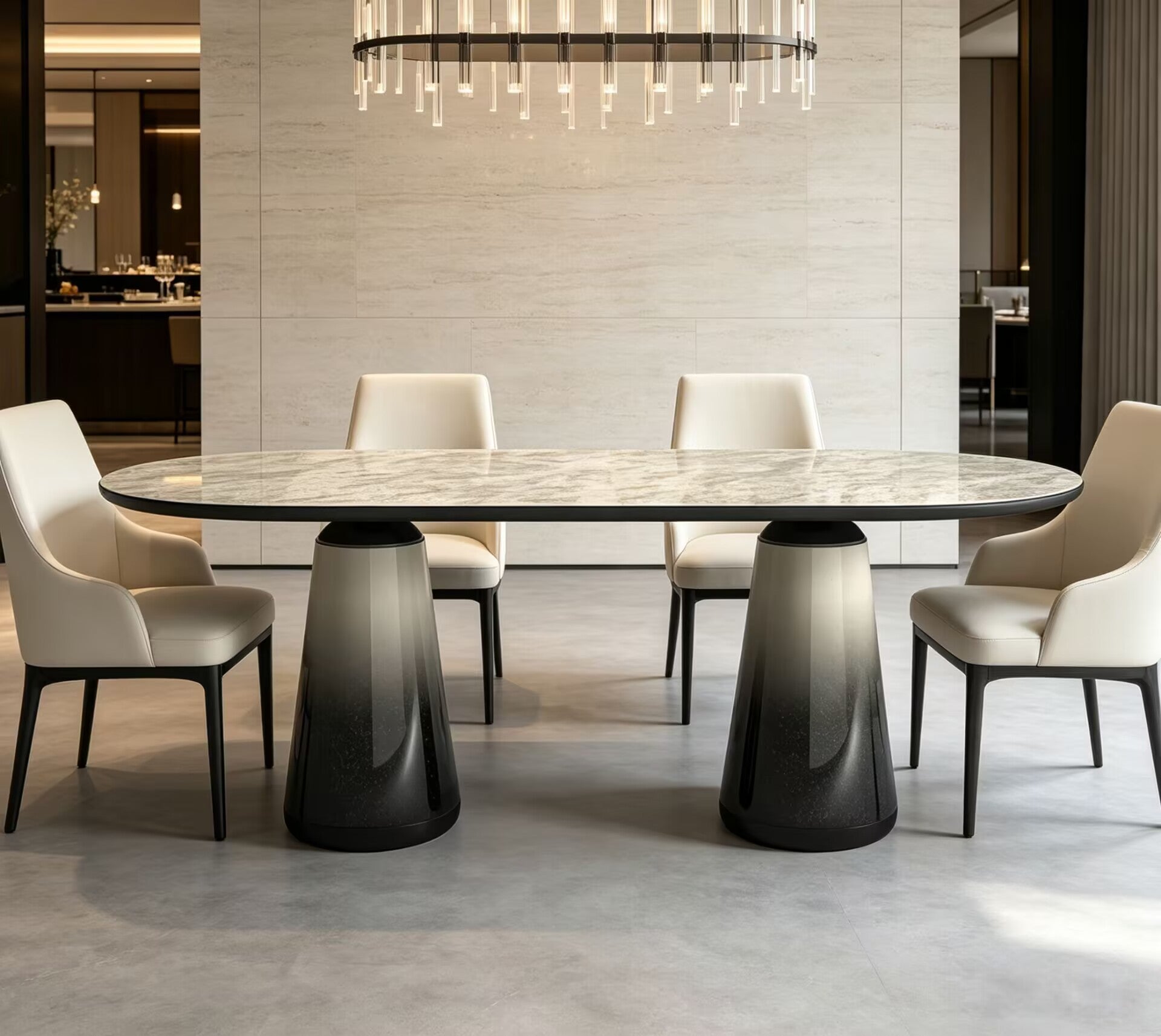 Unique Creativity Simple Solid Wood Art Marble Oval Dining Table